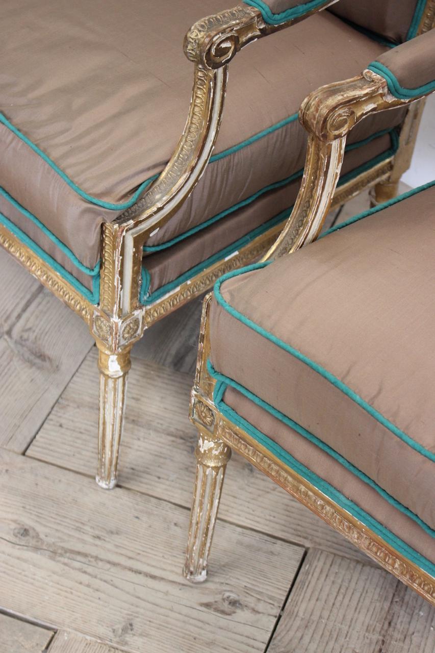 Pair of 19th Century Country House Fauteuils Reupholstered in Silk 1