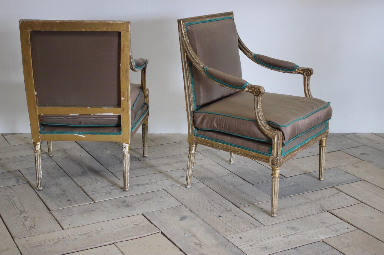 Pair of 19th Century Country House Fauteuils Reupholstered in Silk 2