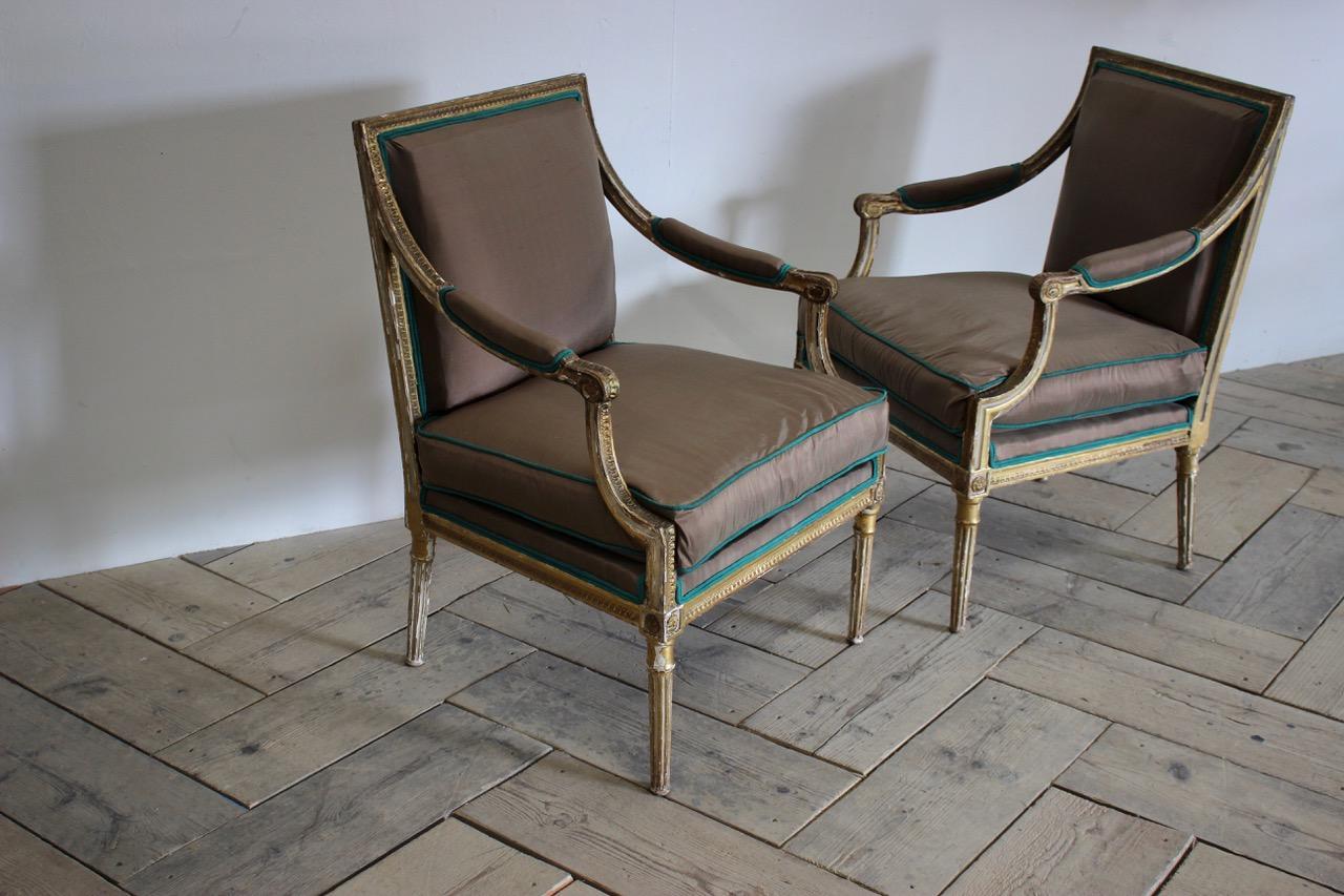 Pair of 19th Century Country House Fauteuils Reupholstered in Silk 3