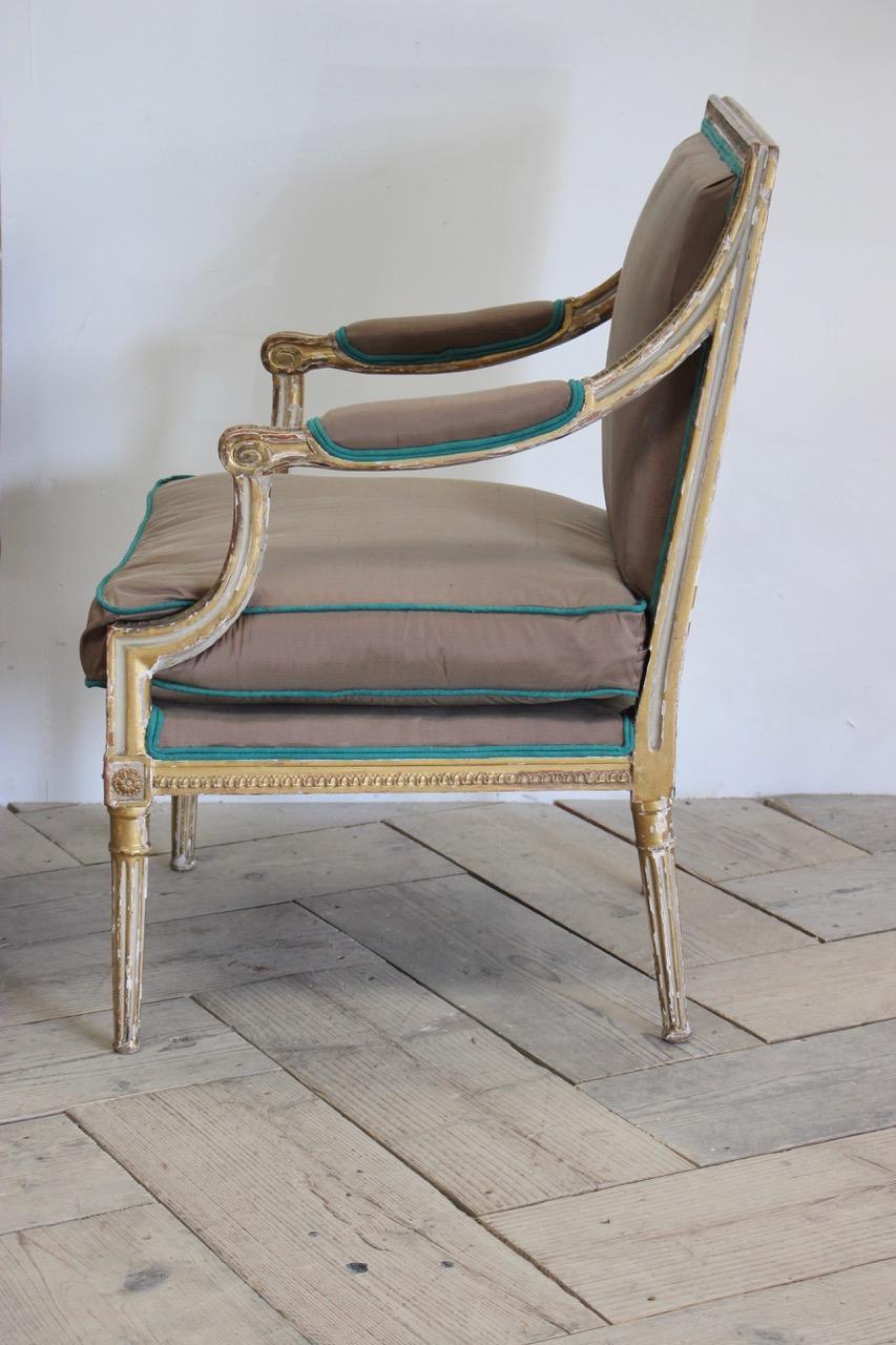 Pair of 19th Century Country House Fauteuils Reupholstered in Silk 4