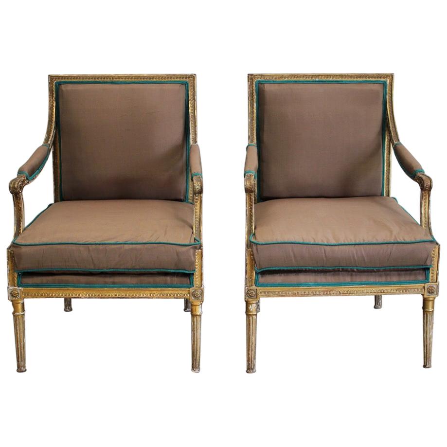 Pair of 19th Century Country House Fauteuils Reupholstered in Silk
