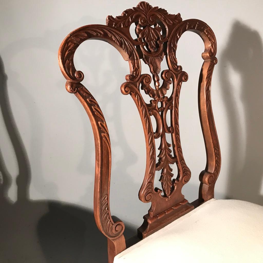 Hand-Carved Pair of 19th Century Carved Side or Hall Chairs in Walnut with Linen Upholstery