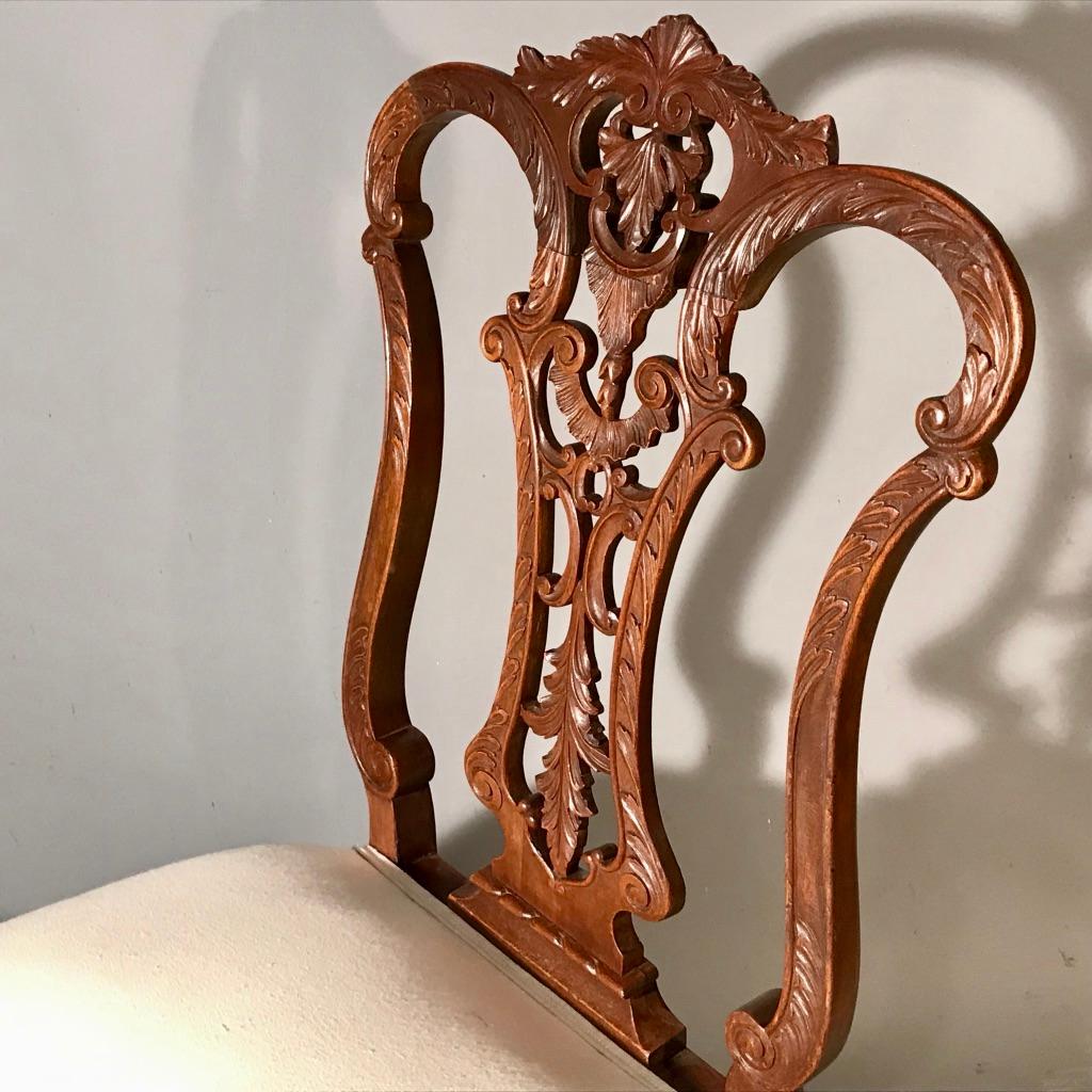 Pair of 19th Century Carved Side or Hall Chairs in Walnut with Linen Upholstery 1