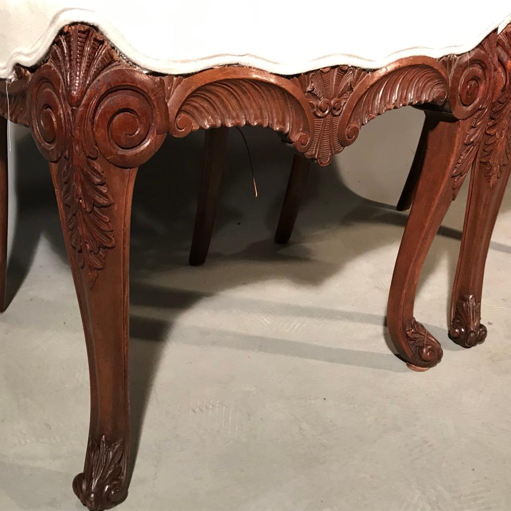 Pair of 19th Century Carved Side or Hall Chairs in Walnut with Linen Upholstery 2