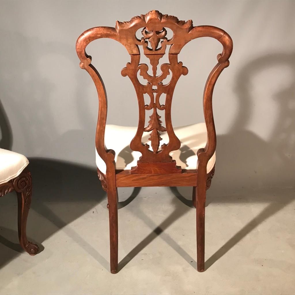 Pair of 19th Century Carved Side or Hall Chairs in Walnut with Linen Upholstery 3