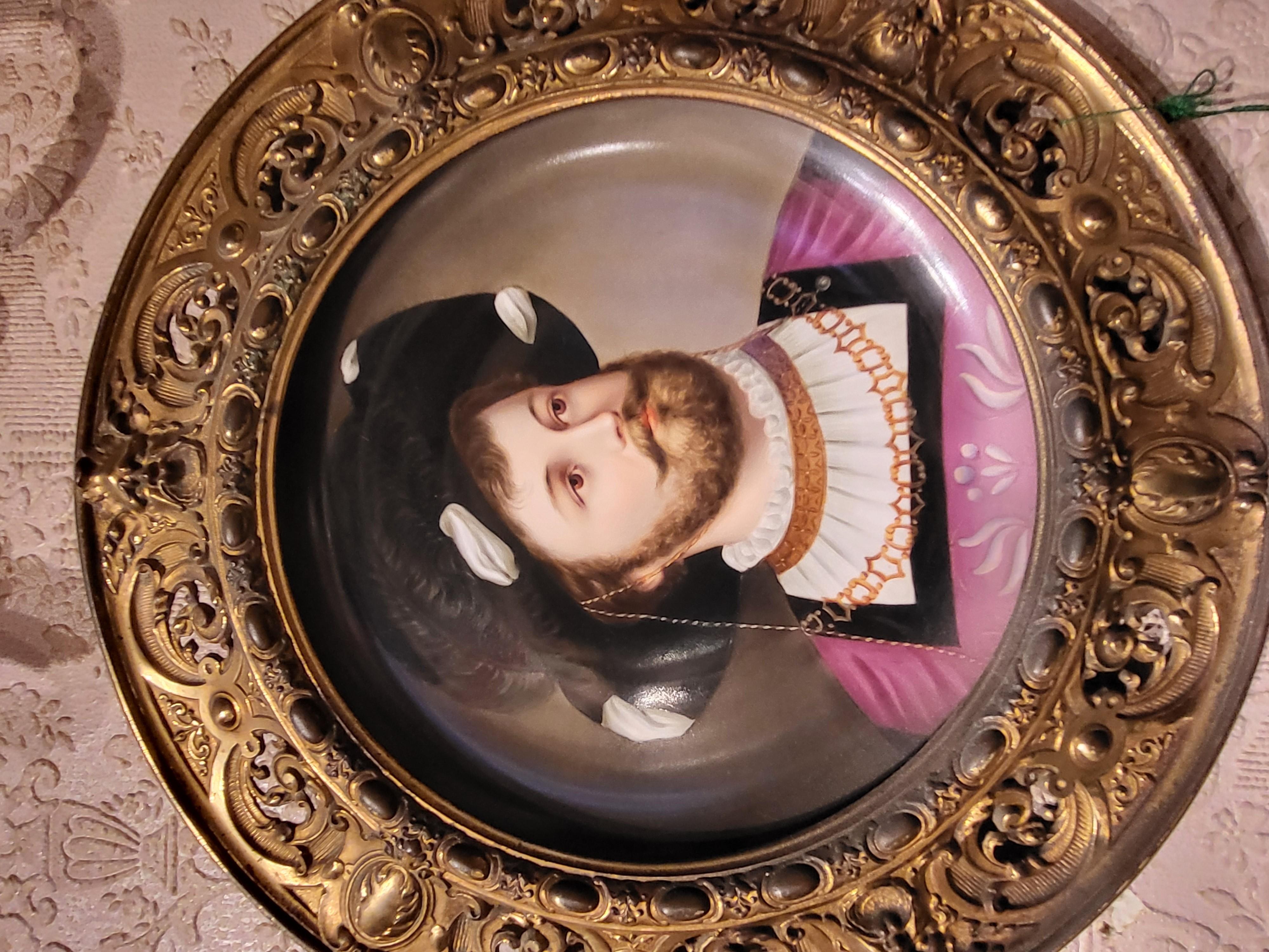 Hand-Painted Pair of  C19th French Gilt Metal Framed Dresden Style Wall Plaques For Sale