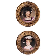 Par de  Placas de pared francesas del siglo XIX con marco de metal dorado estilo Dresde