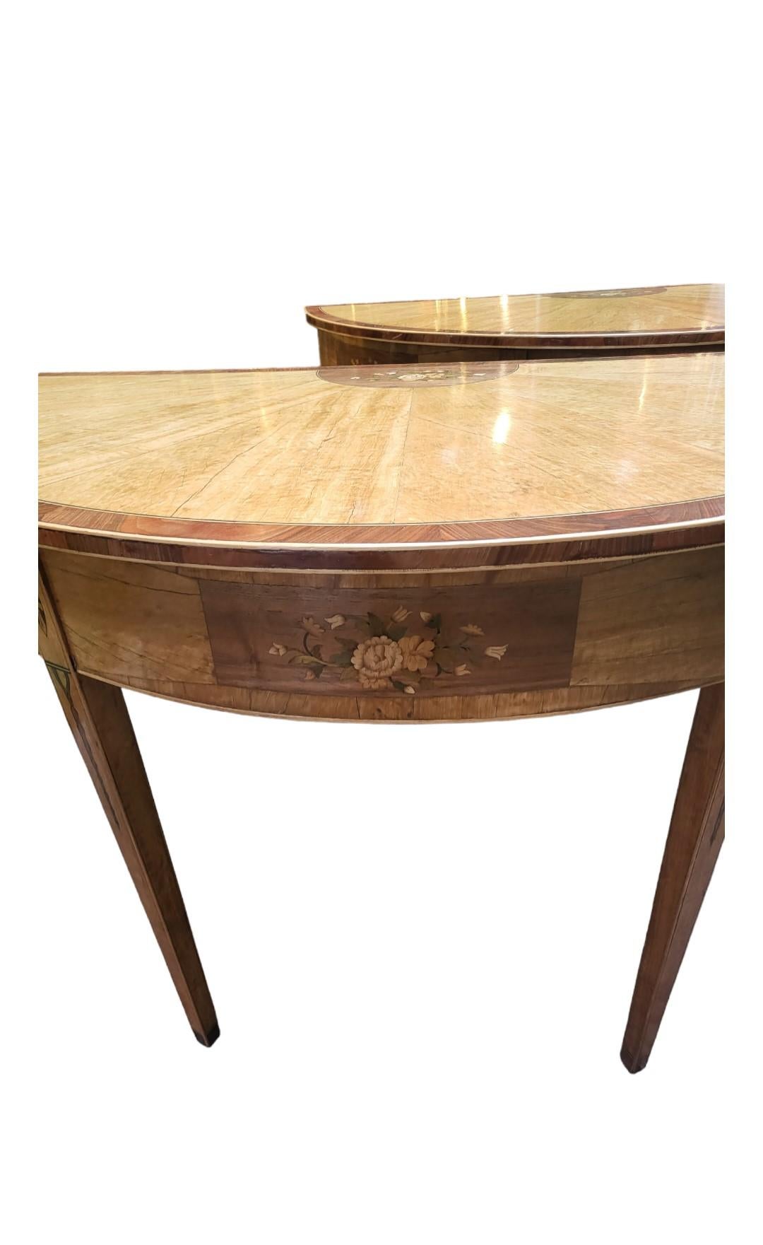 Sheraton Pair of C19th Satinwood Demi Lune Tables For Sale