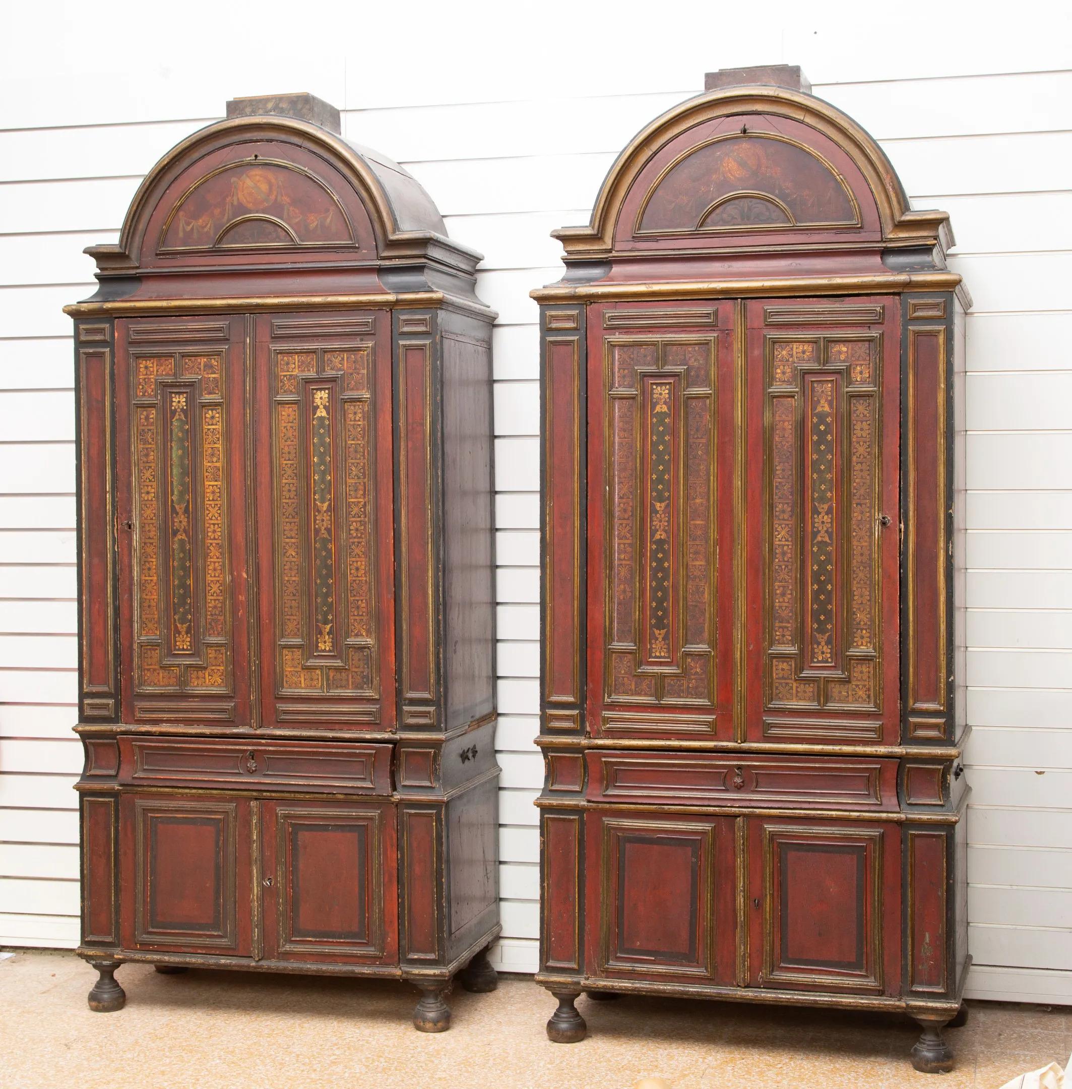European TwoCabinets in Blackened, Painted and Gilt Wood For Sale