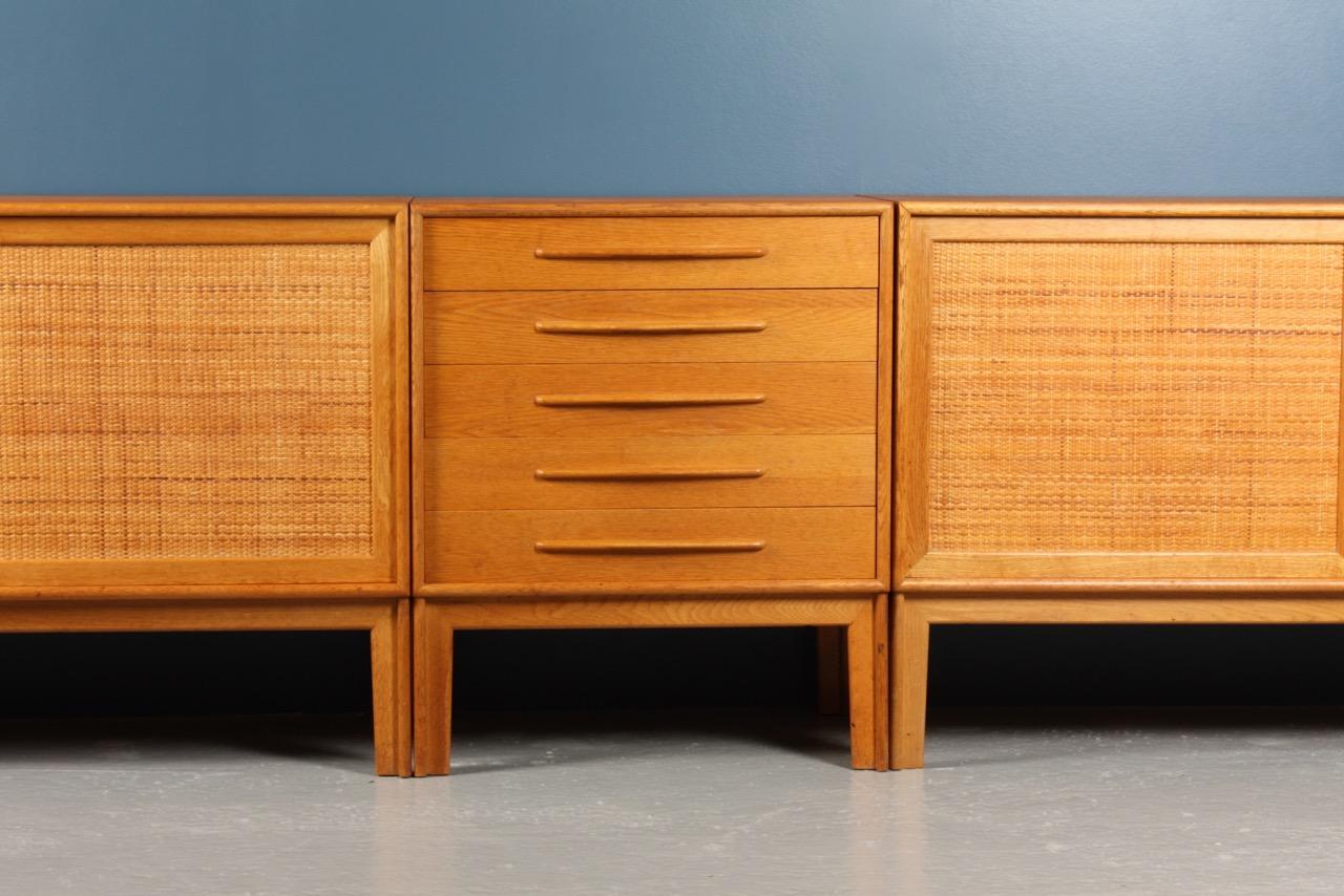 Scandinavian Modern Pair of Cabinets and Matching Drawer in Oak with Cane Panels, Midcentury, Sweden