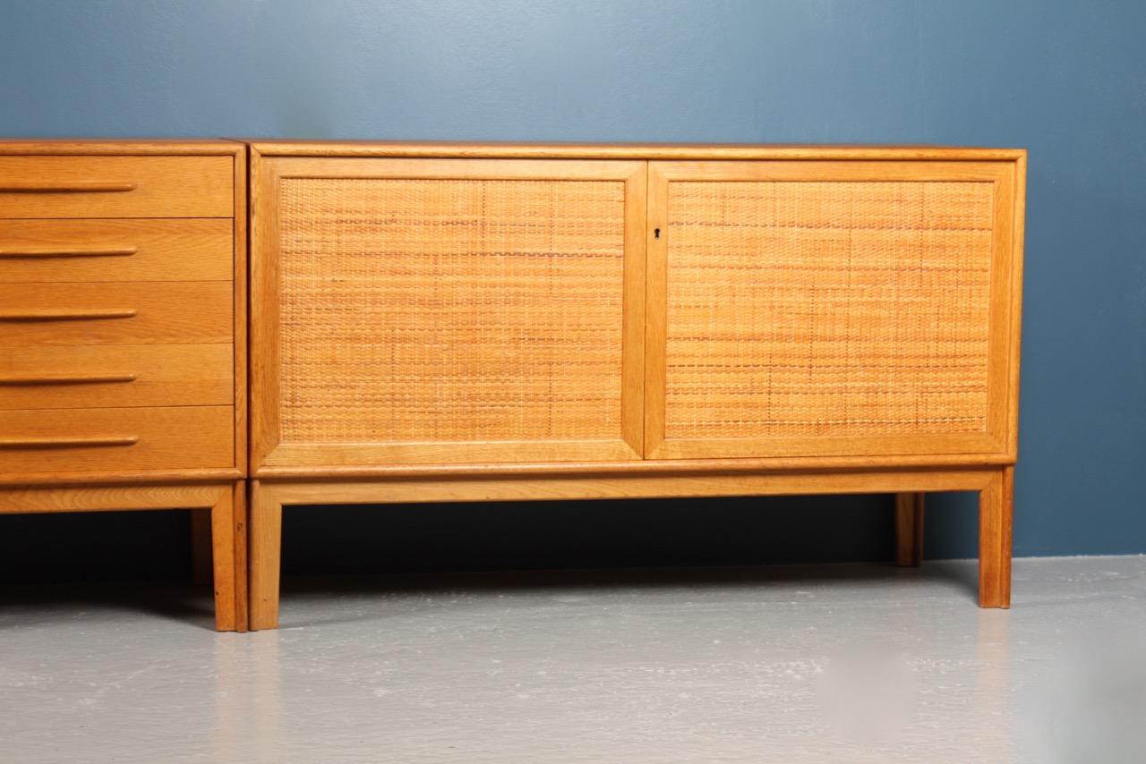 Swedish Pair of Cabinets and Matching Drawer in Oak with Cane Panels, Midcentury, Sweden