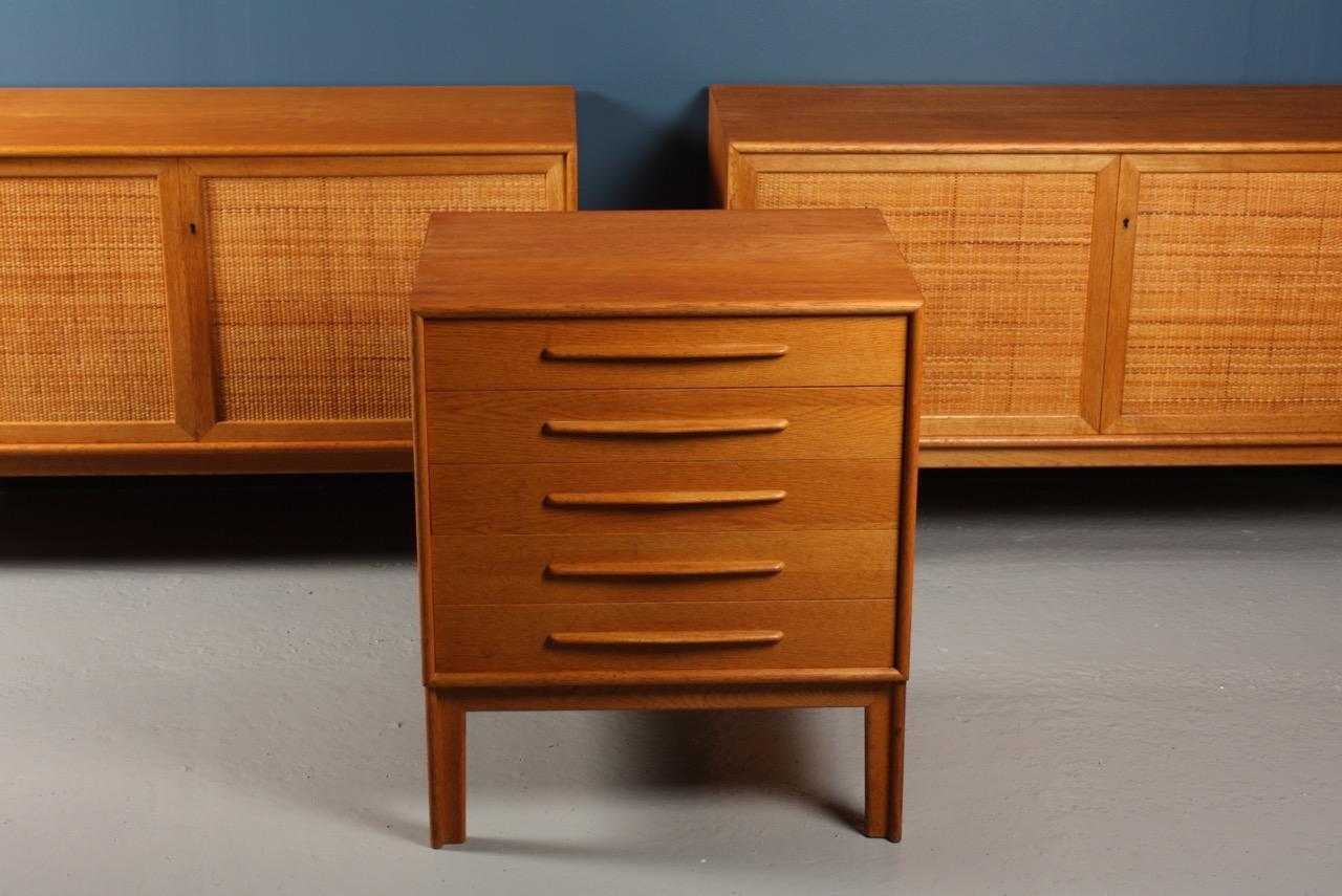 Mid-20th Century Pair of Cabinets and Matching Drawer in Oak with Cane Panels, Midcentury, Sweden