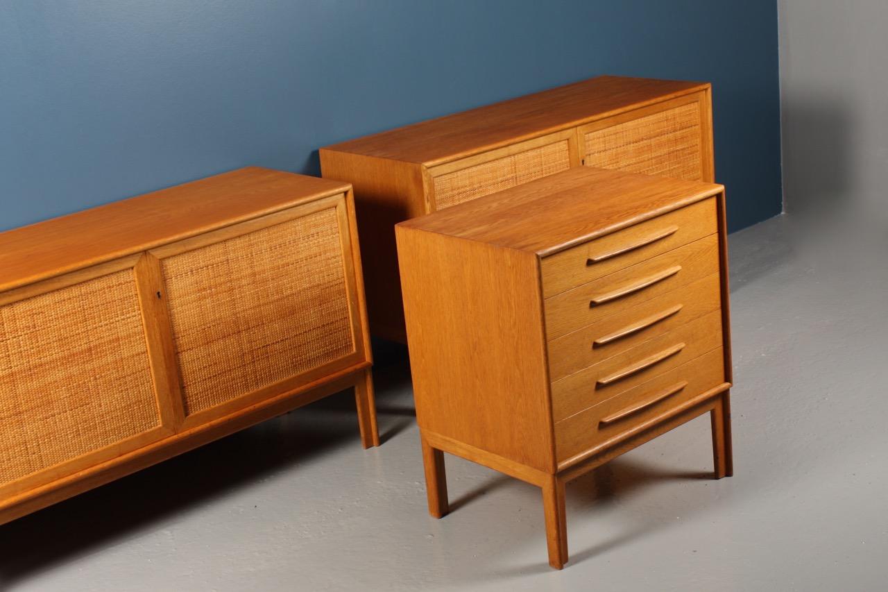 Brass Pair of Cabinets and Matching Drawer in Oak with Cane Panels, Midcentury, Sweden