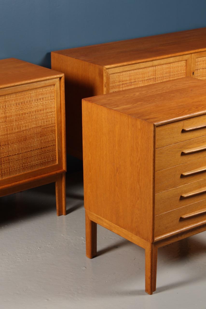 Pair of Cabinets and Matching Drawer in Oak with Cane Panels, Midcentury, Sweden 1