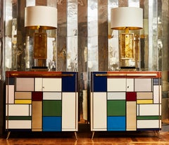 Pair of Cabinets "Mondrian Tribute" in Tainted Glass by Studio Glustin