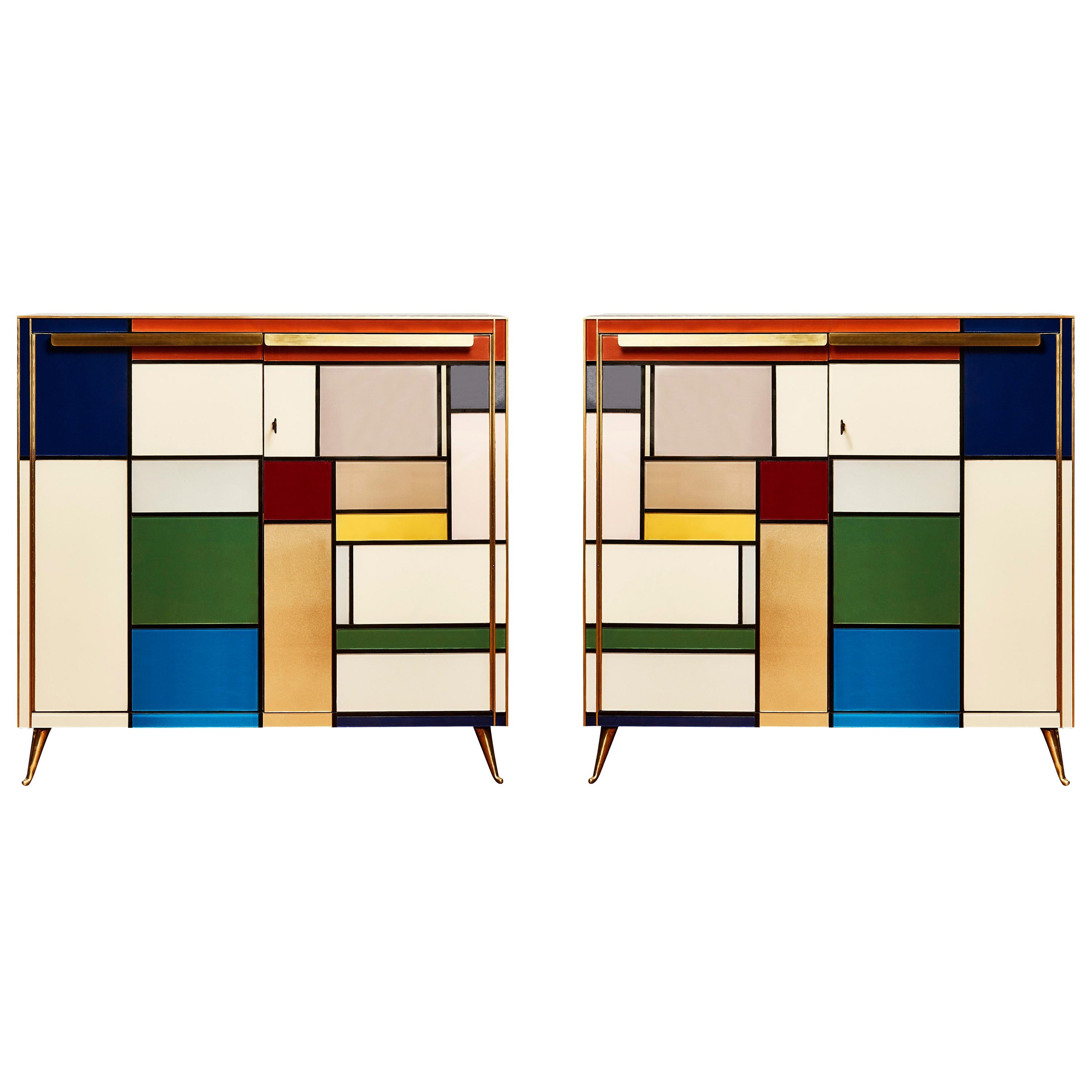 Pair of Cabinets "Mondrian Tribute" in Tainted Glass by Studio Glustin