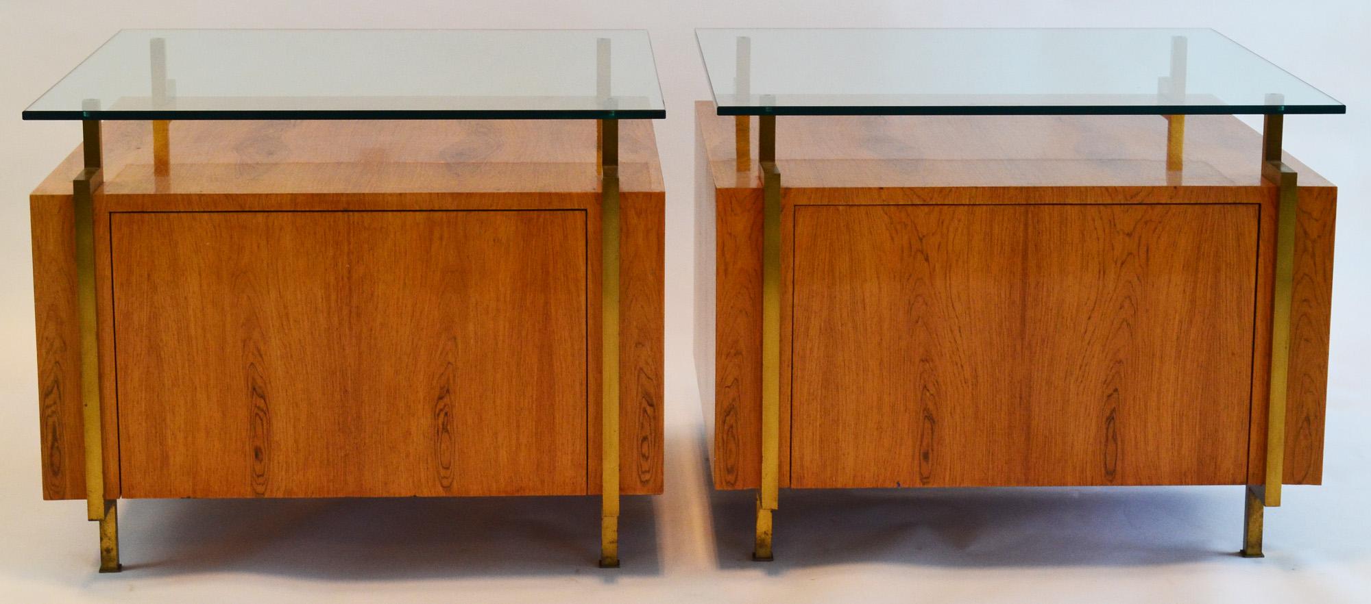 Pair of oversize cabinets or commodes or end tables Mid-Century Modern; single hinged door opens to large internal storage. Gorgeous exotic wood veneer with dimpled thick glass tops. Purchased in New York in the 1960s. Multi purpose cases can be