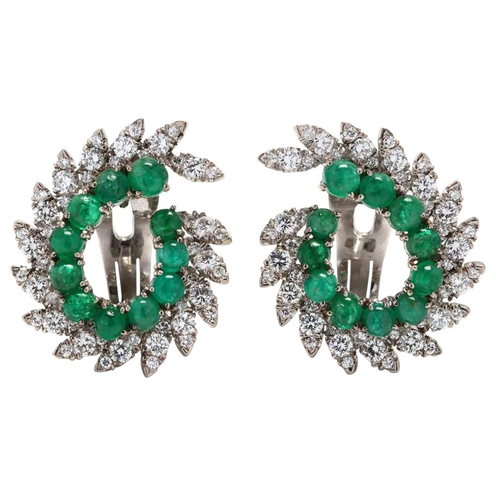 Pair of Cabochon Emerald and Diamond 18 Karat White Gold Swirl Clip Earrings
