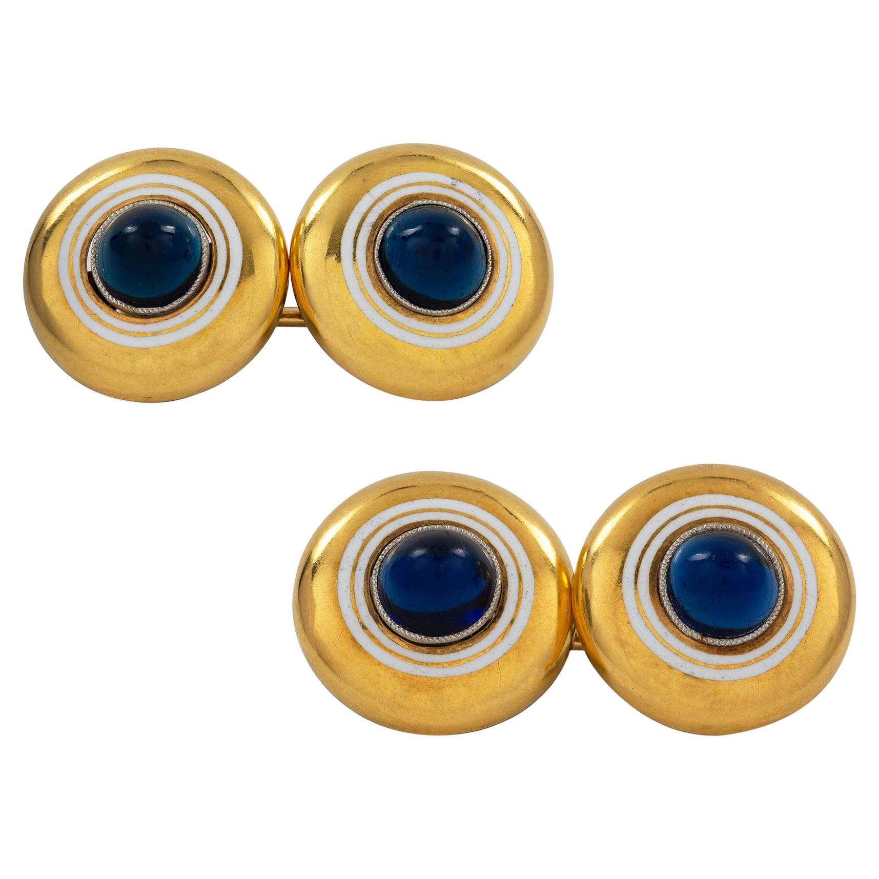 Pair of Cabochon Sapphire and Enamel Cufflinks