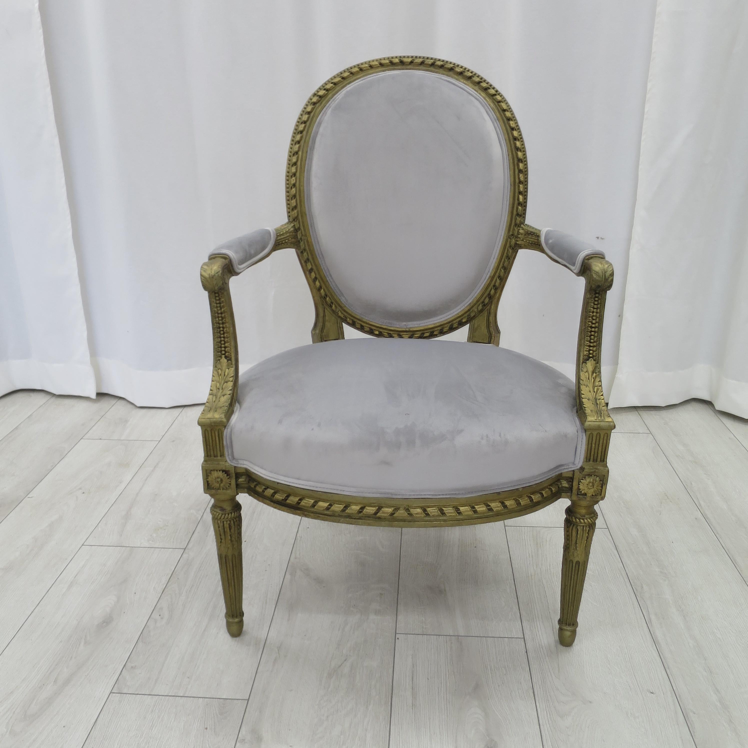 Carved Pair of Cabriolet Armchairs in Giltwood 19th Century Style Louis XVI For Sale