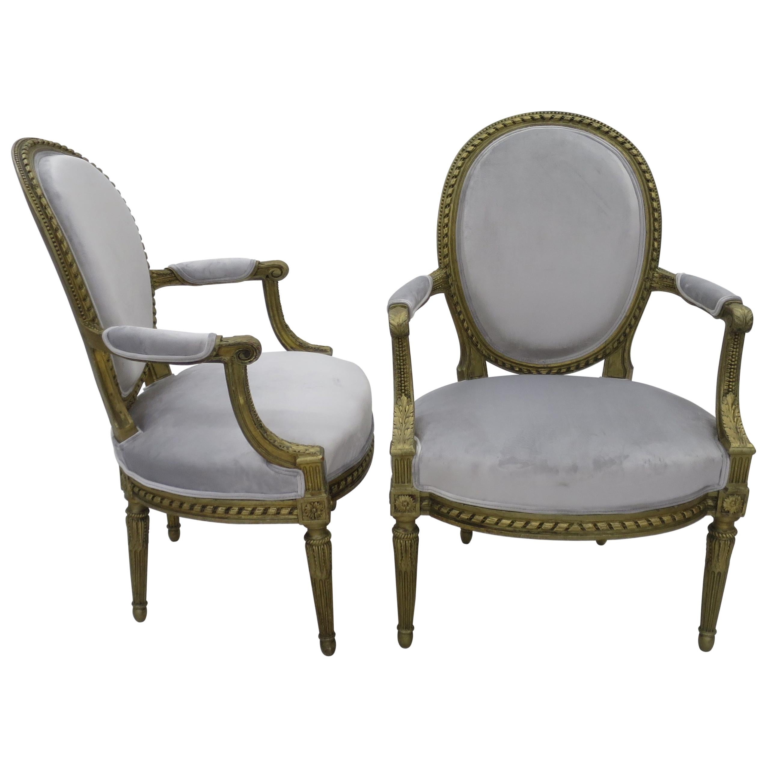 Pair of Cabriolet Armchairs in Giltwood 19th Century Style Louis XVI For Sale