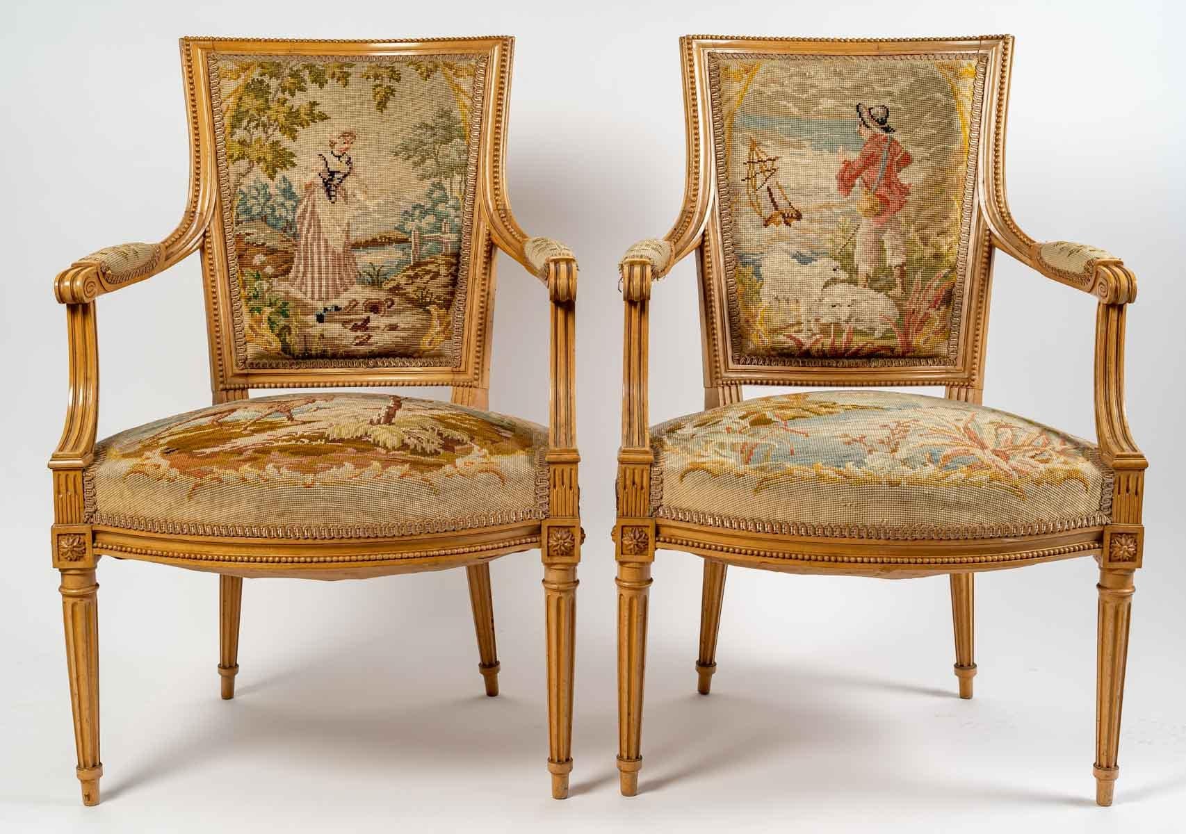 European Pair of Cabriolet Armchairs in the Louis XVI Style, Sycamore Wood