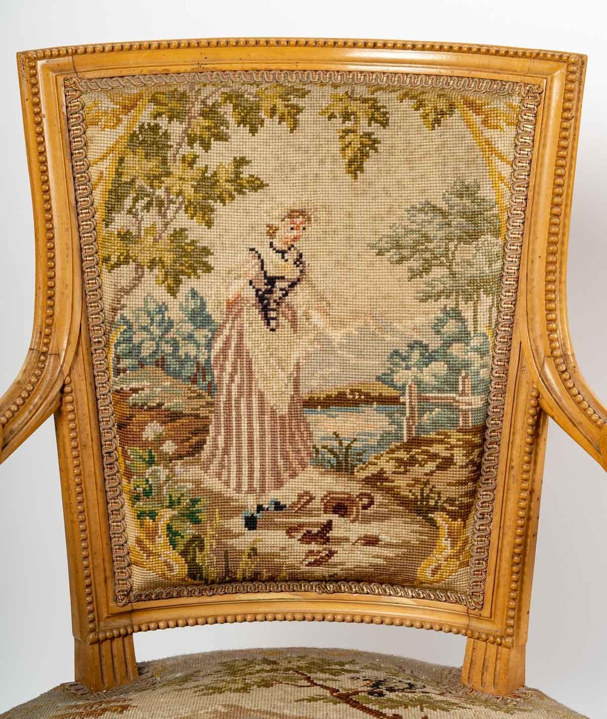 Tapestry Pair of Cabriolet Armchairs in the Louis XVI Style, Sycamore Wood