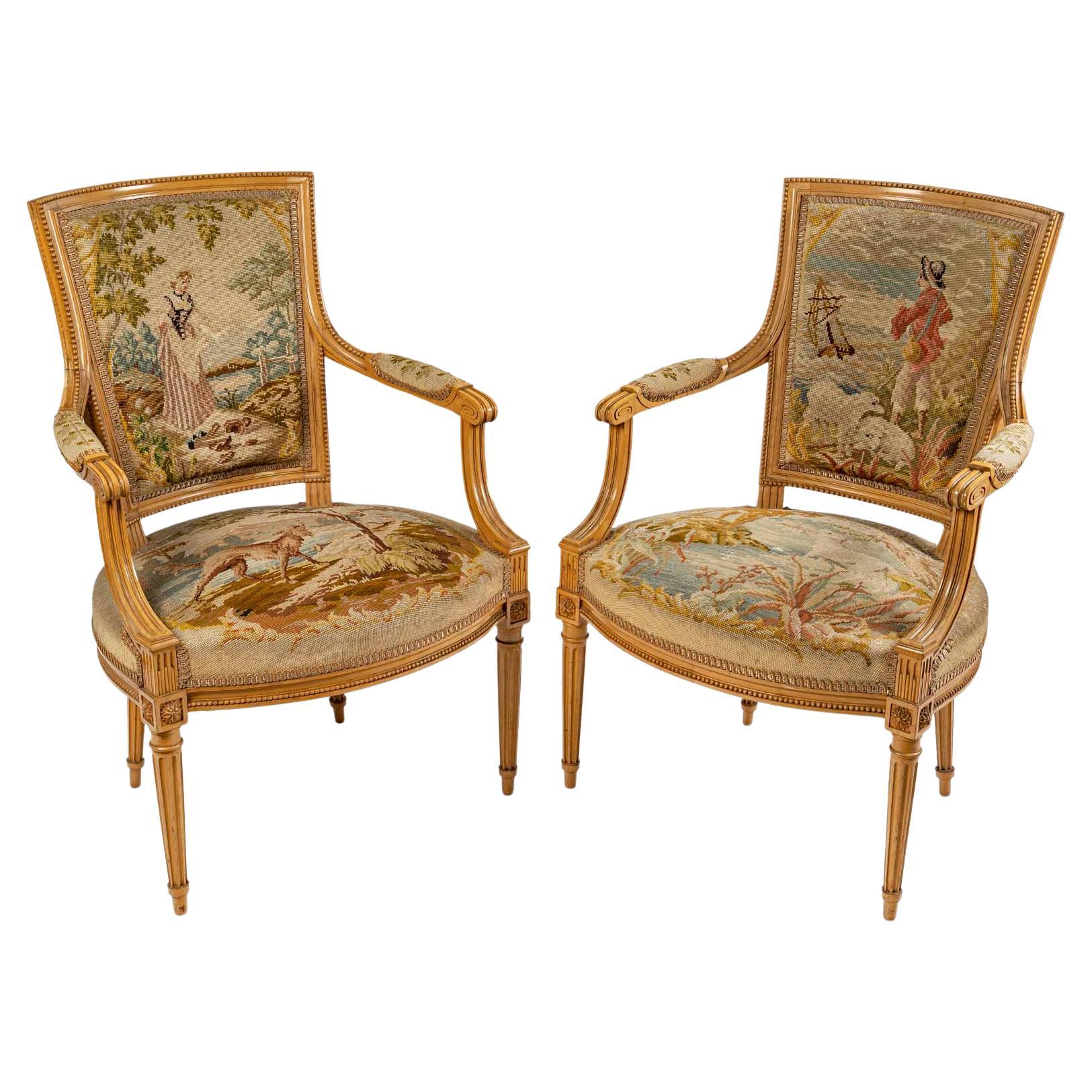 Pair of Cabriolet Armchairs in the Louis XVI Style, Sycamore Wood