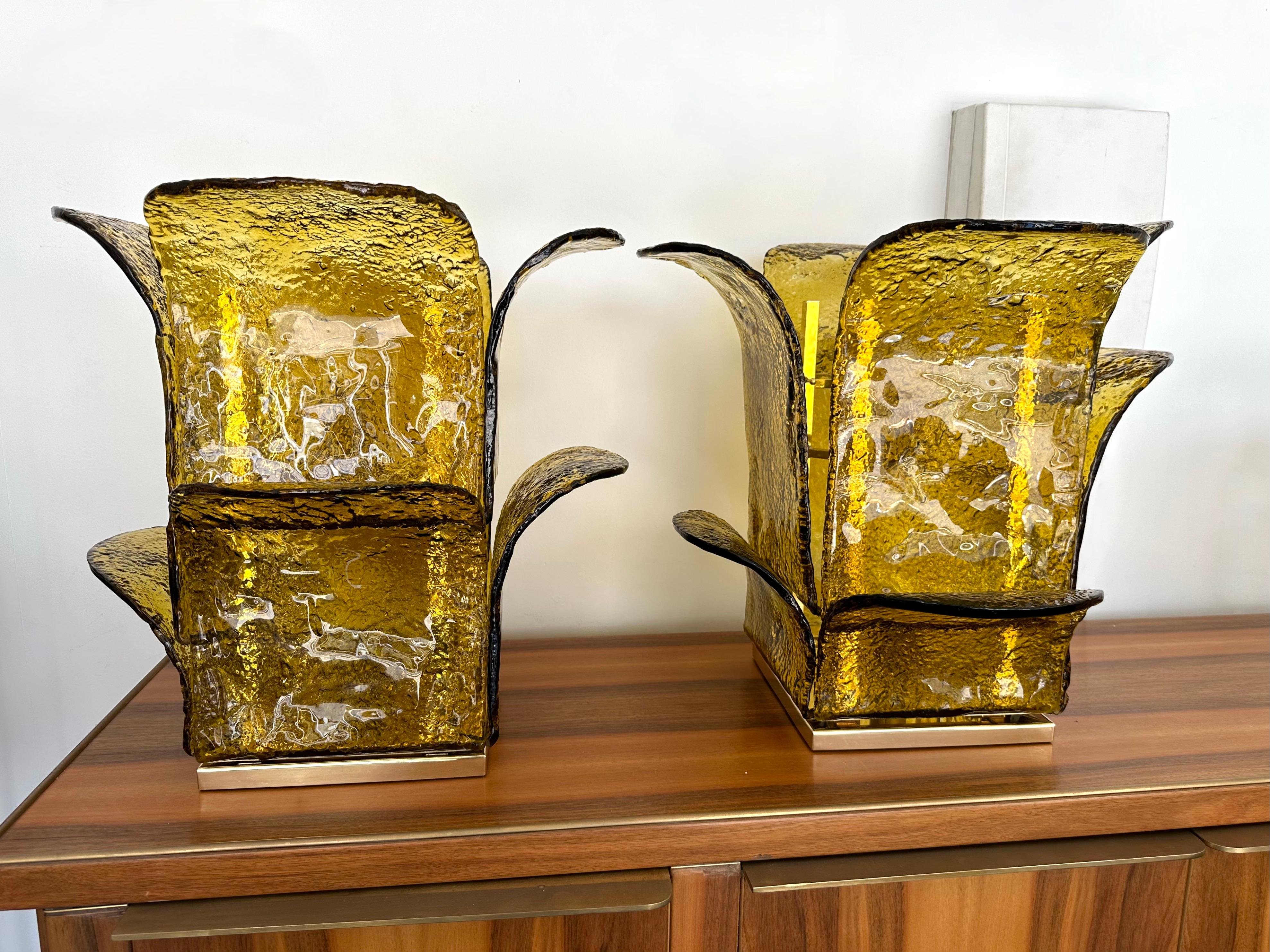 Italian Pair of Cactus Lamps Murano Glass Brass by Carlo Nason for Mazzega, Italy, 1970s