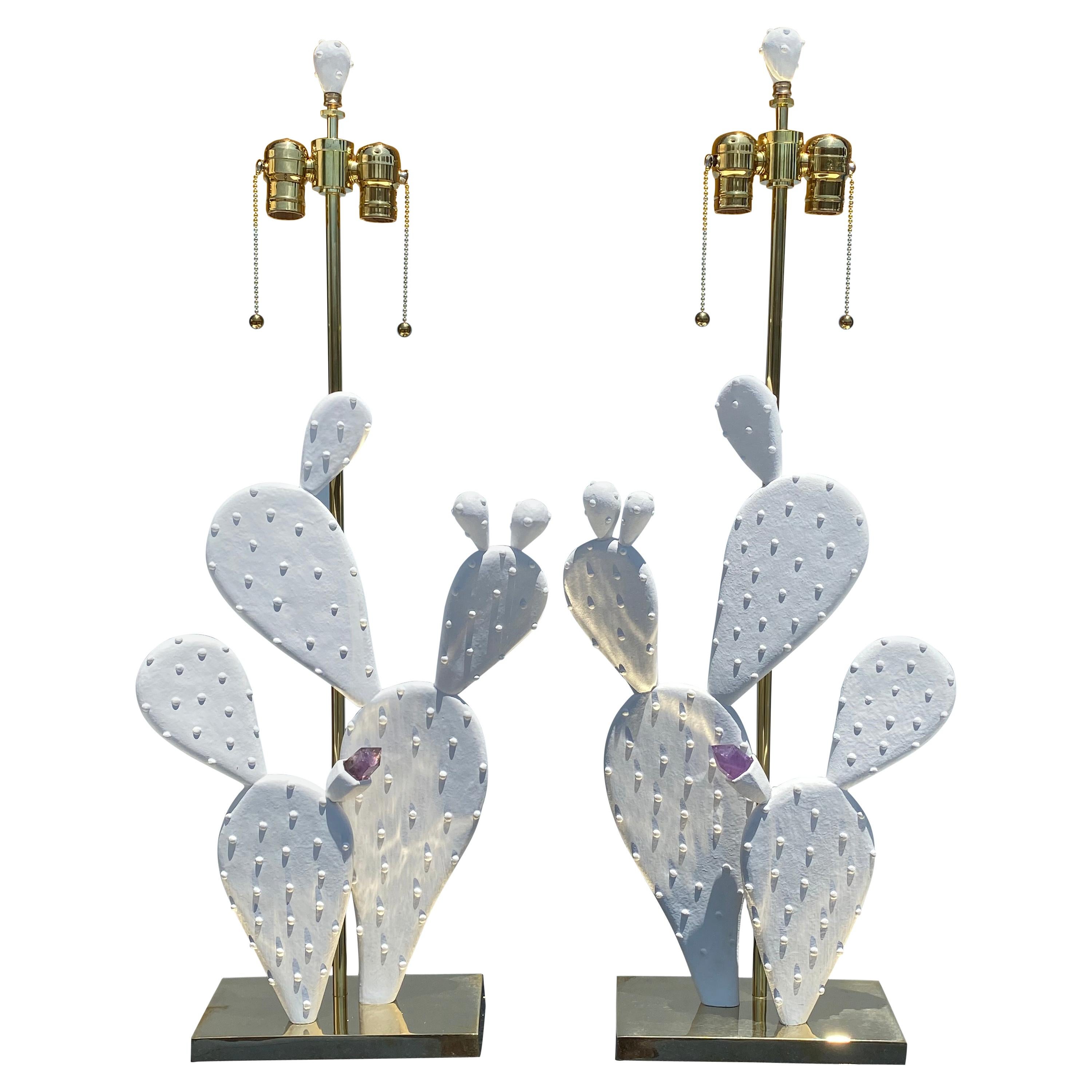 Pair of Cactus Lamps with Amethyst Cluster