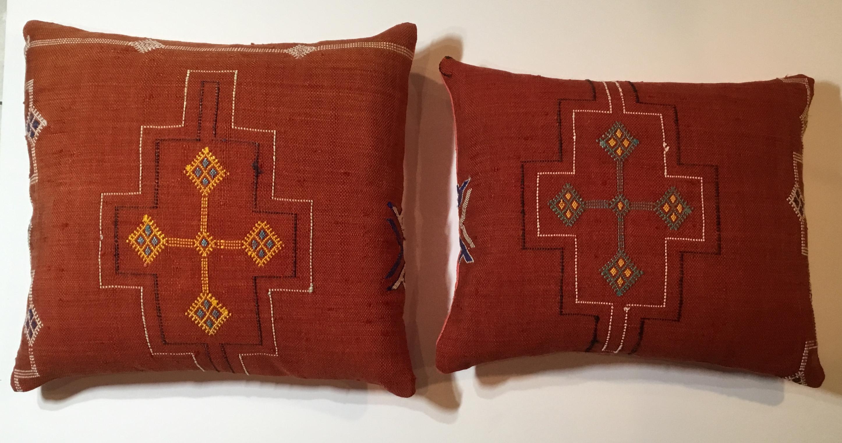 Moroccan Pair of Cactus Silk Red Pillows
