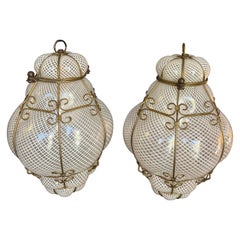 Pair of Caged Venetian Lantern in Murano Reticello Glass, 1940s