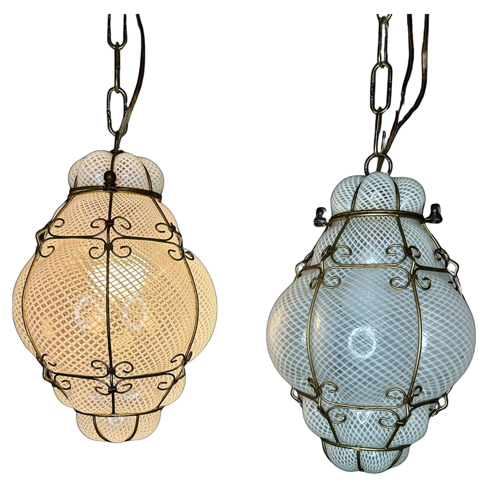 Pair of Caged Venetian Lantern in Murano Reticello Glass, 1940s For Sale
