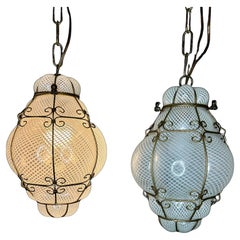 Pair of Caged Venetian Lantern in Murano Reticello Glass, 1940s