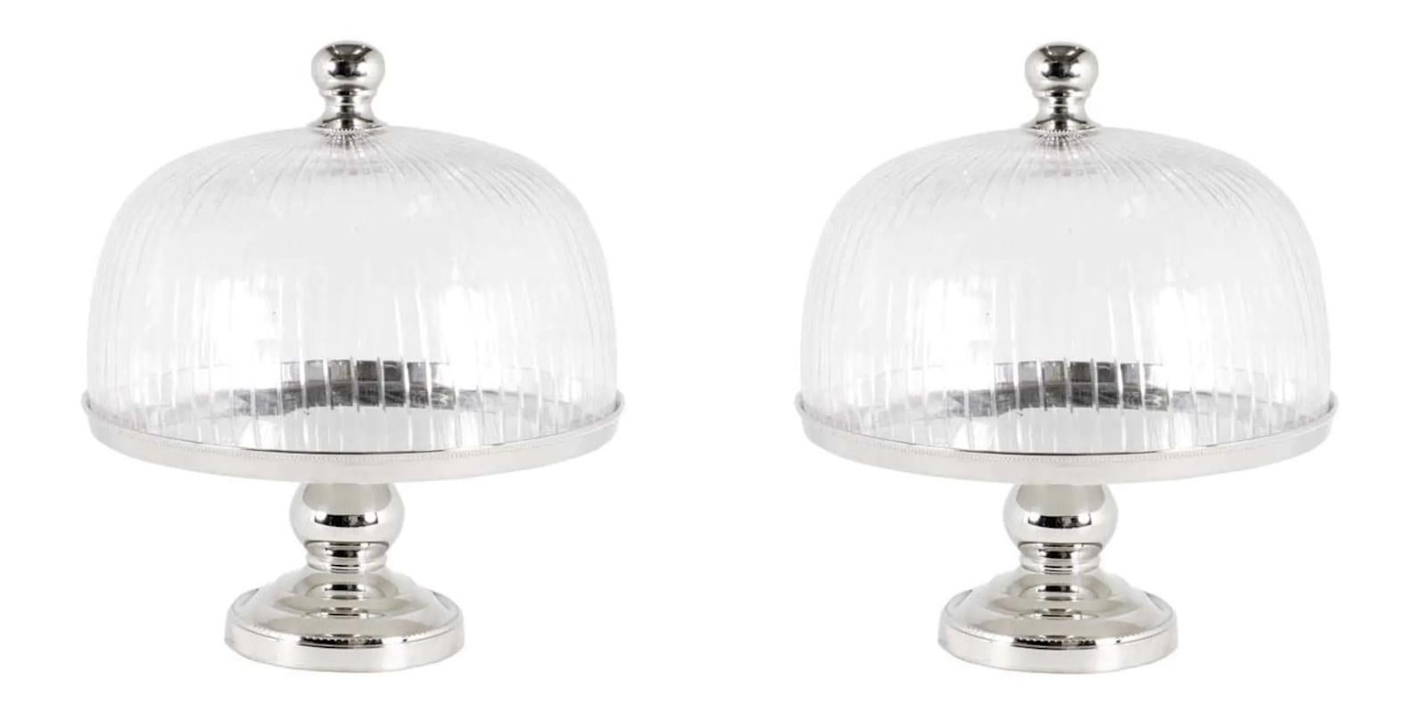 Paar Tortenständer, versilbertes Metall und Klarglas. (Moderne) im Angebot