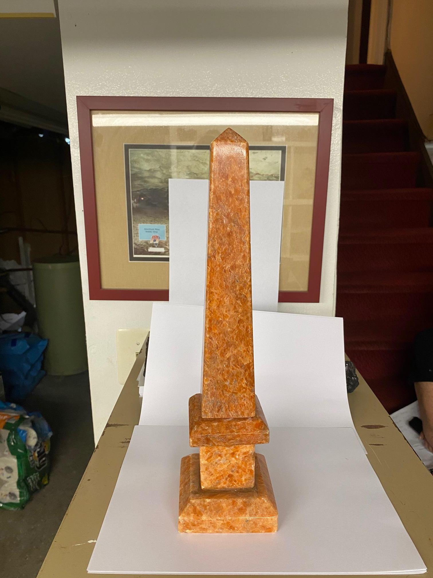 Unique hand carved and polished natural calcite obelisks. From Brazil and hand-picked for their beauty. These timeless obelisks are a Classic or contemporary design with a real piece of history in the natural calcite. This natural calcite mineral is