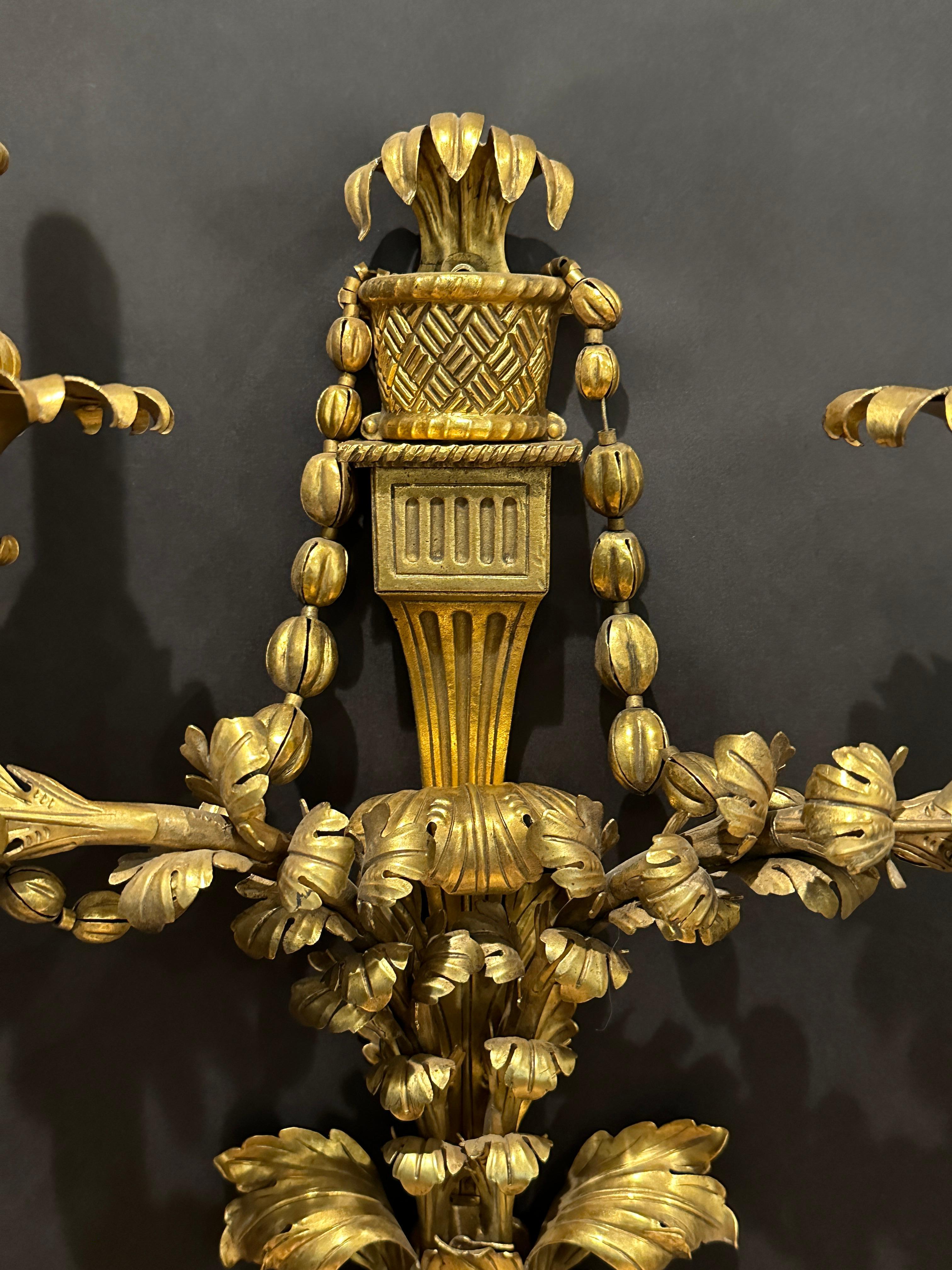 Pair Of Caldwell Gilt Bronze Wall Sconces In Good Condition In Norwood, NJ