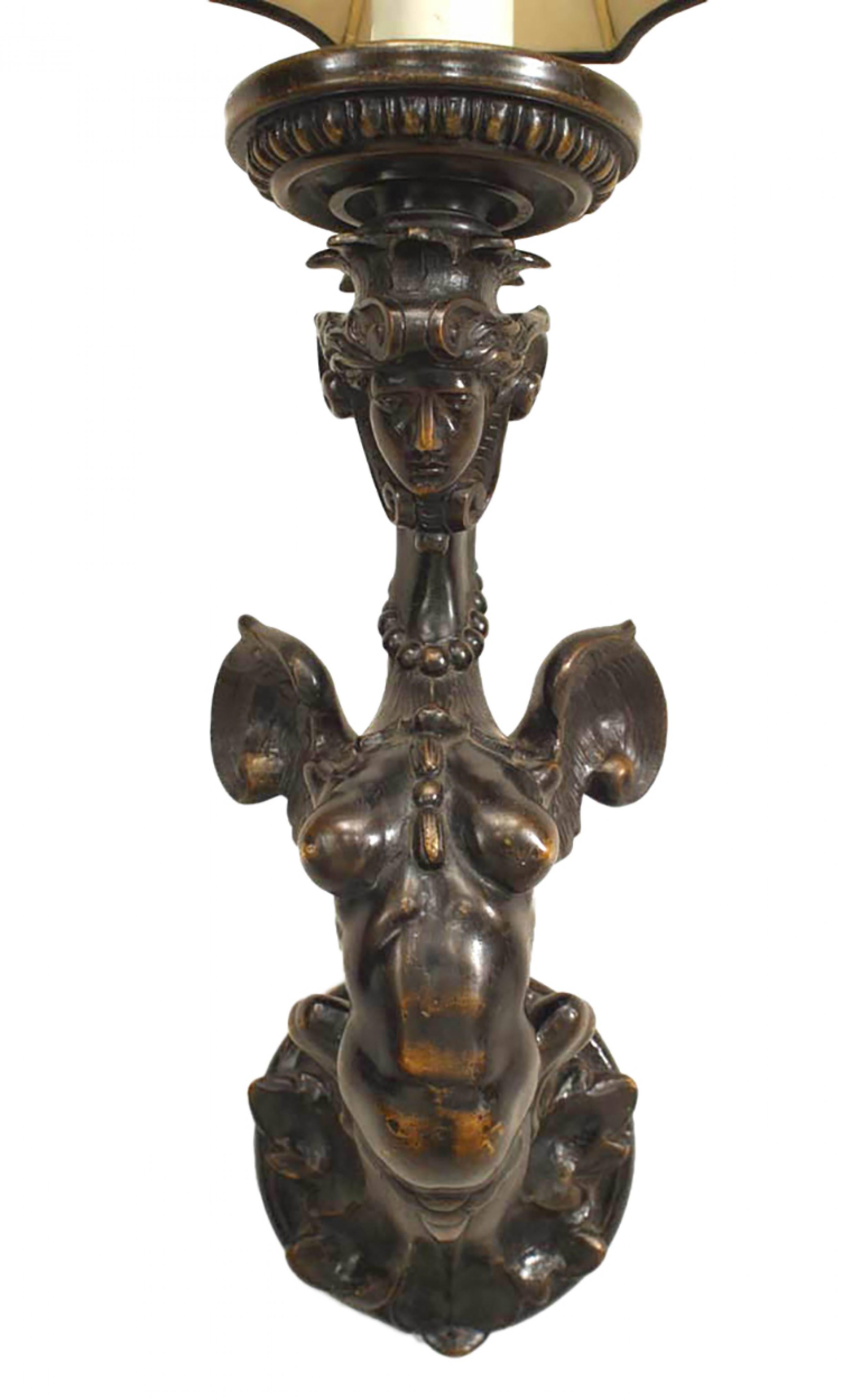 PAIR of Italian Renaissance-Style (19th/20th Century) dark patinaed bronze wall sconces of a stylized winged female figure with new 8 sided shade (CALDWELL) (PRICED AS PAIR)