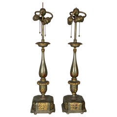 Antique Pair of Caldwell Pewter and Bronze Table Lamps