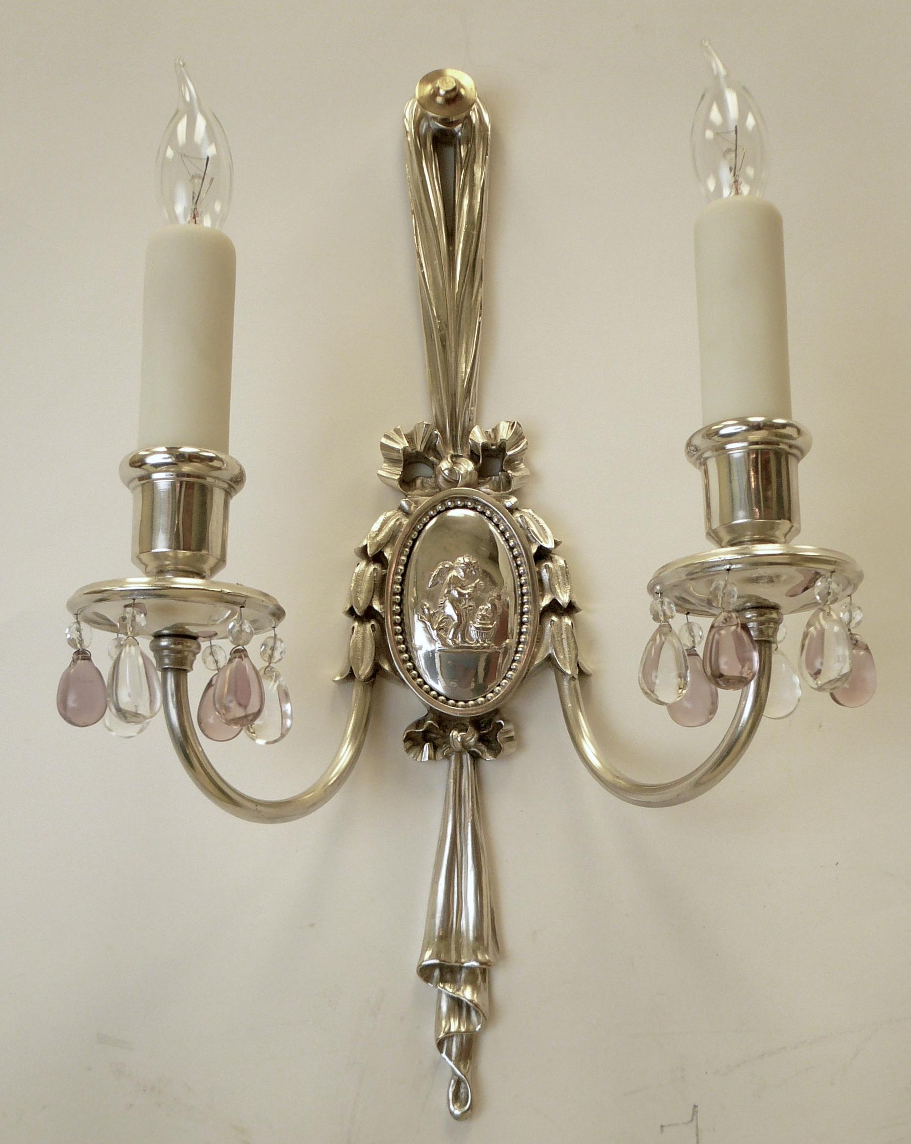 Pair of Caldwell Silver Plated Two Light Neoclassical Style Sconces For Sale 2