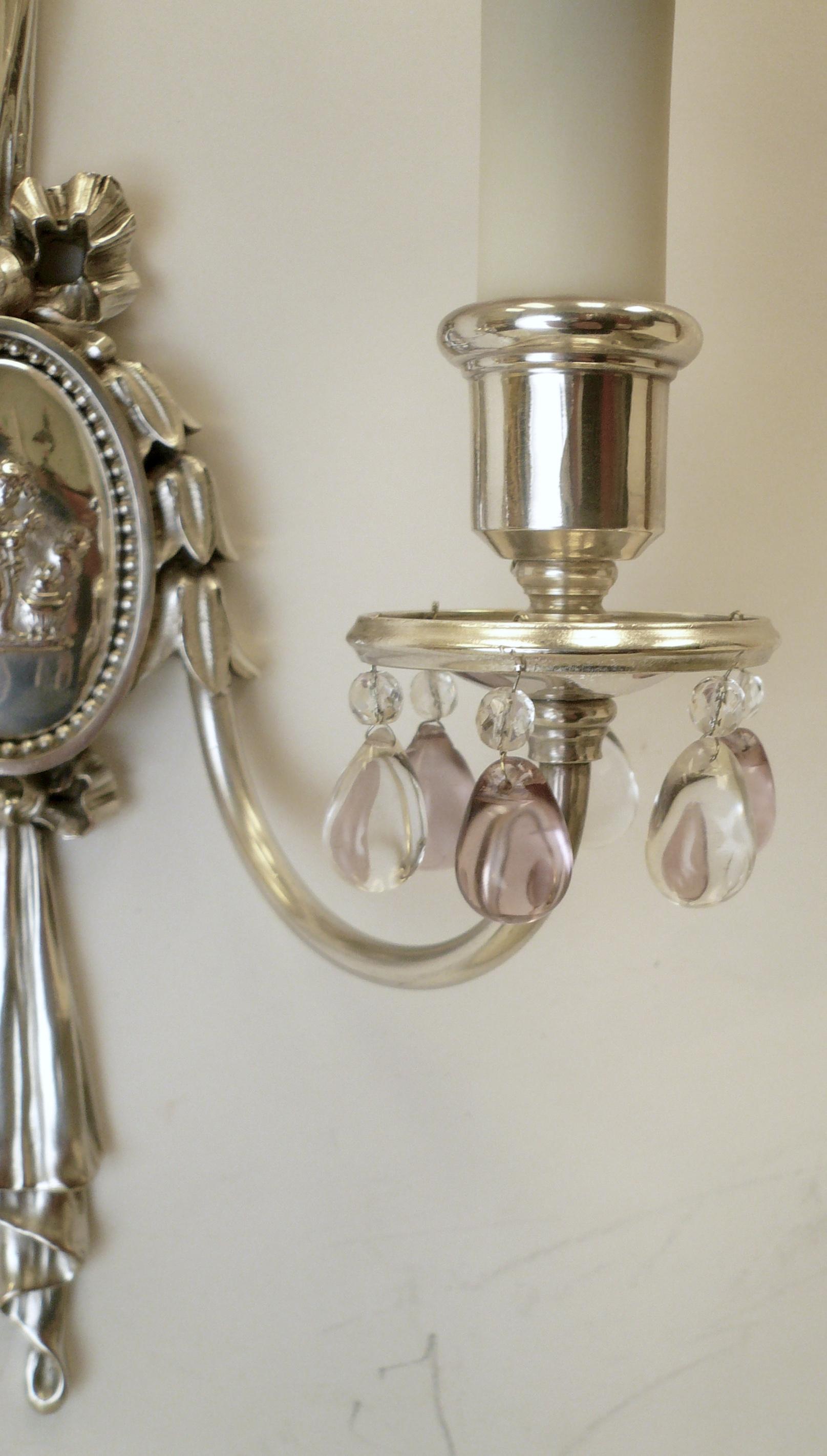 Pair of Caldwell Silver Plated Two Light Neoclassical Style Sconces In Excellent Condition For Sale In Pittsburgh, PA
