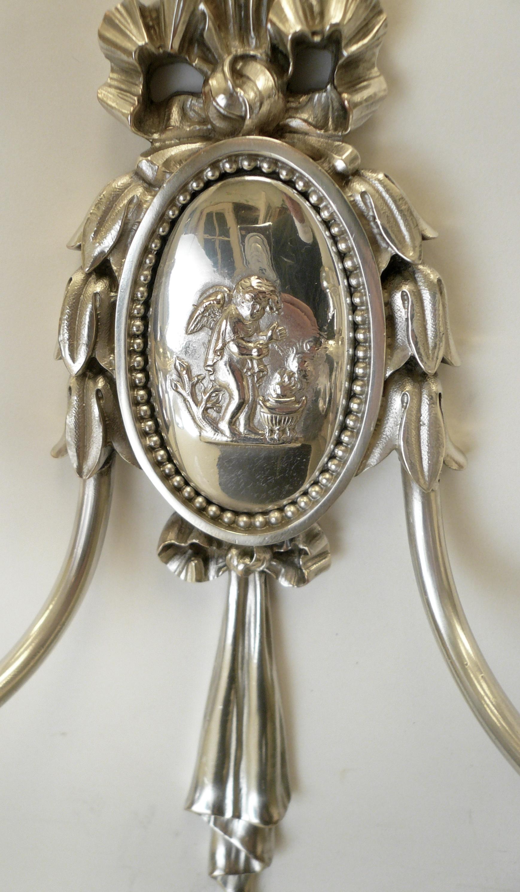 20th Century Pair of Caldwell Silver Plated Two Light Neoclassical Style Sconces For Sale