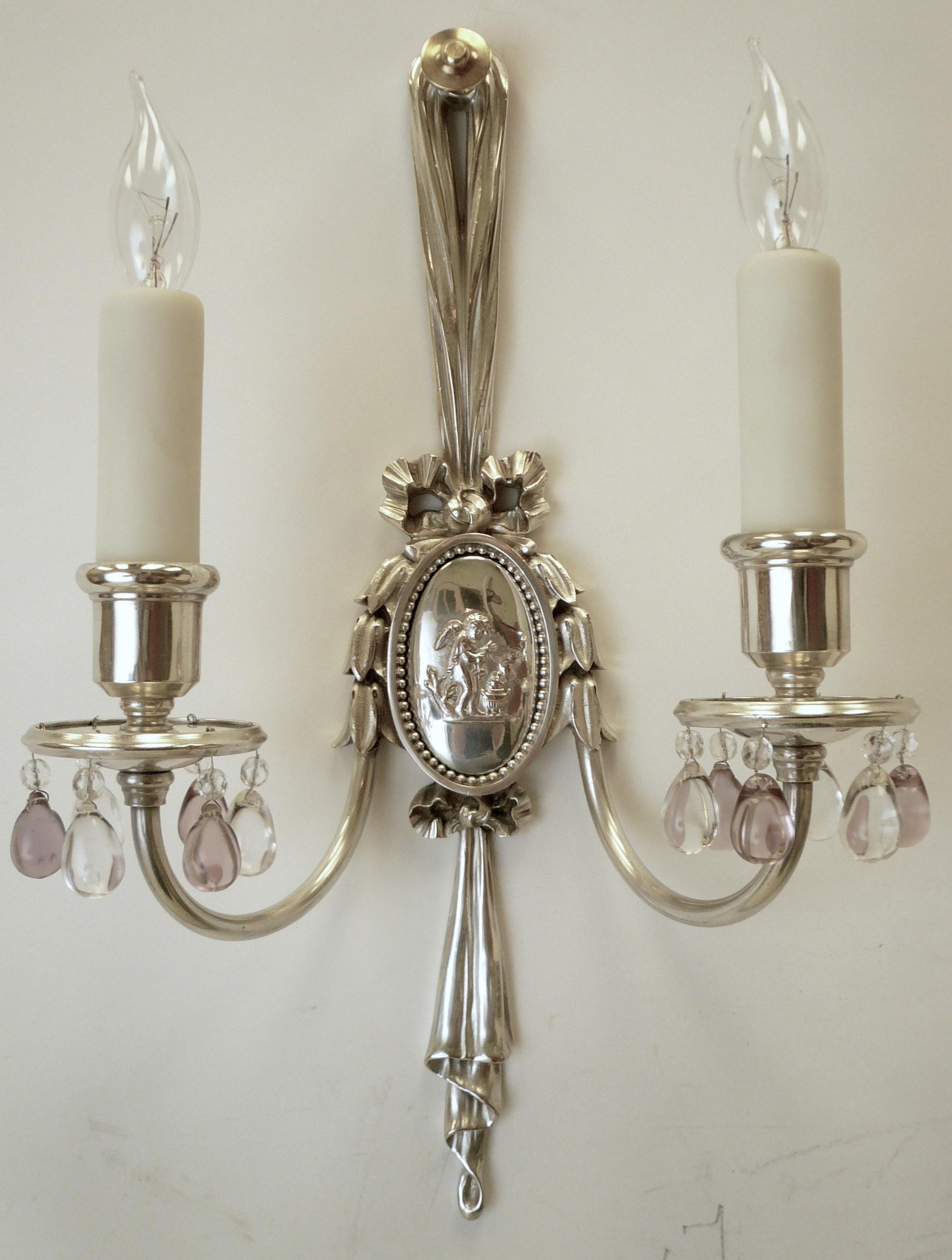 Bronze Pair of Caldwell Silver Plated Two Light Neoclassical Style Sconces For Sale