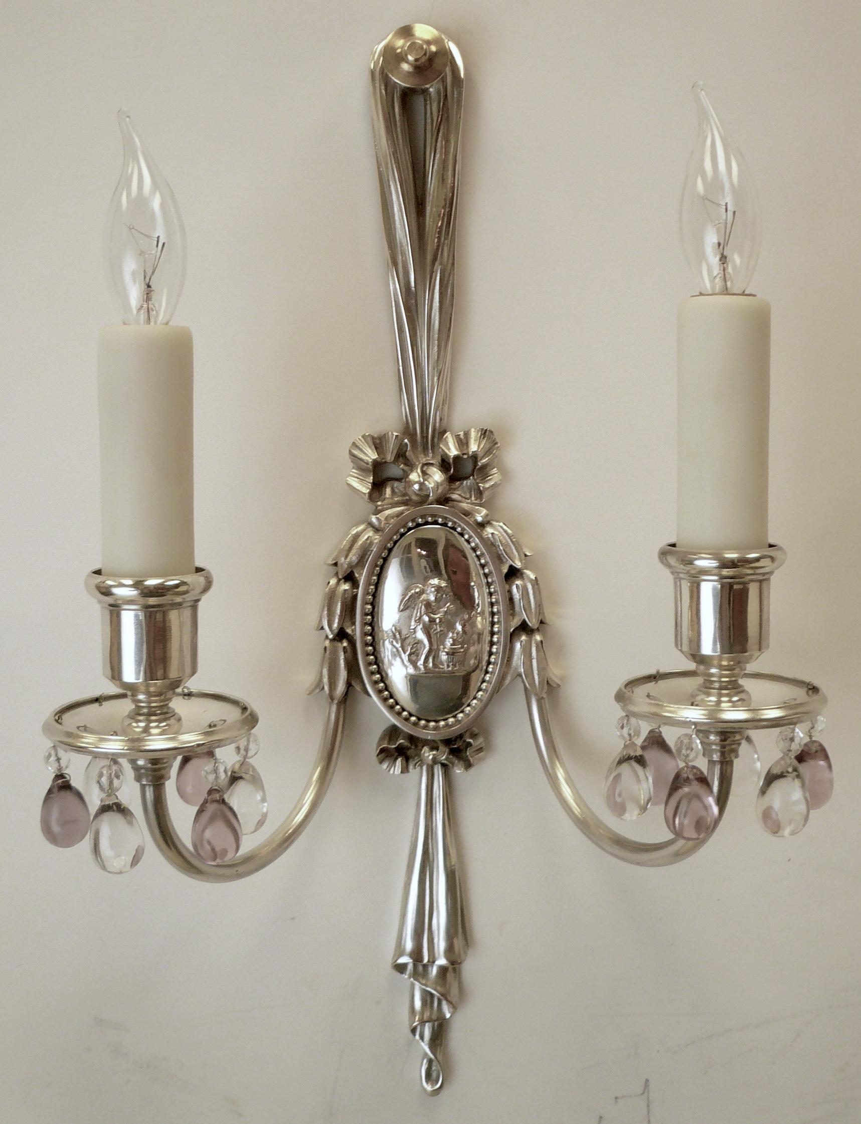 Pair of Caldwell Silver Plated Two Light Neoclassical Style Sconces For Sale 1