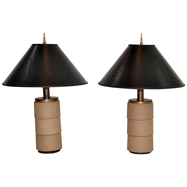Pair of California Mid-Century Modern Pottery and Brass Table Lamps For Sale