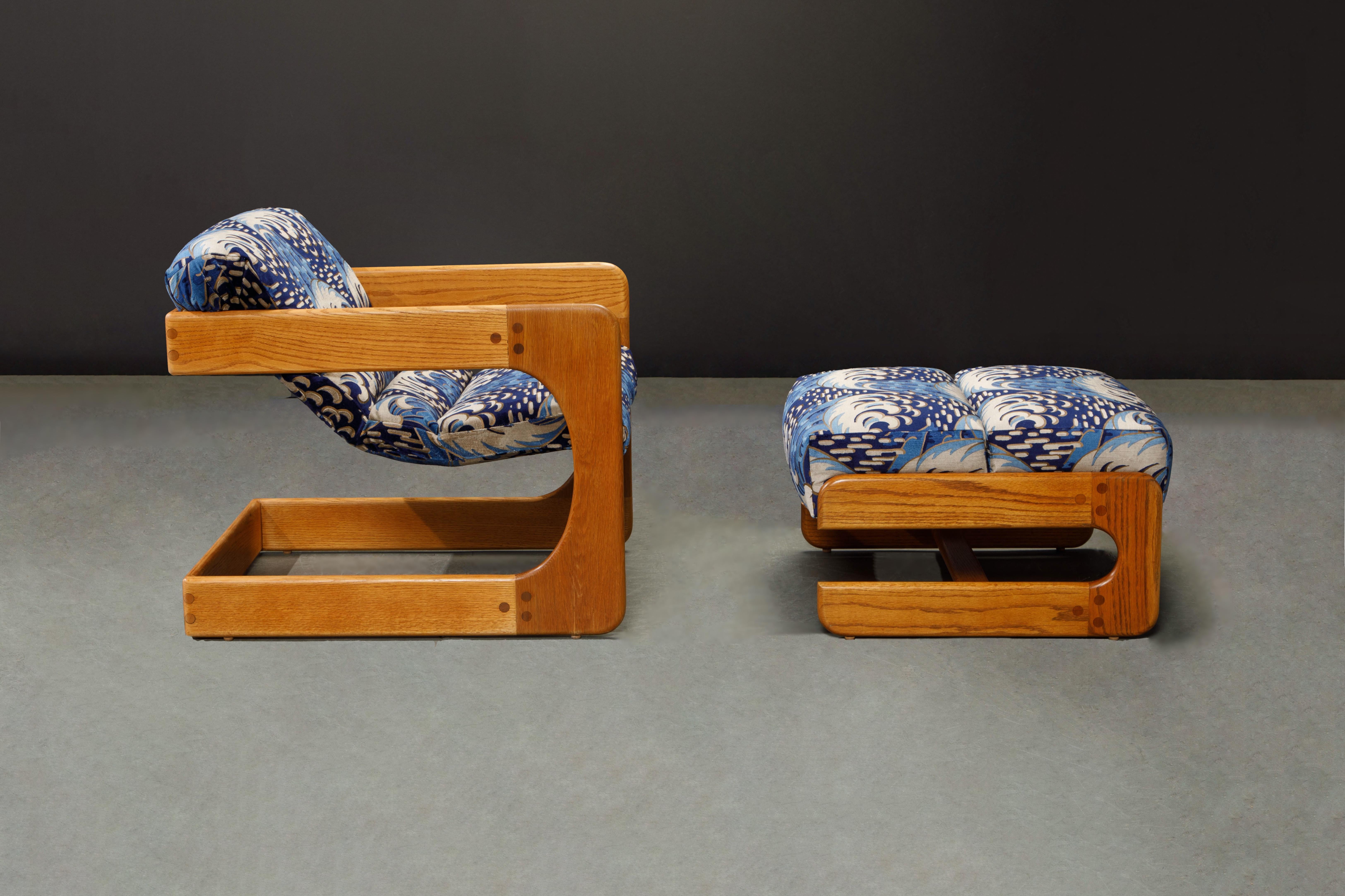 Fabric Pair of California Modern Lou Hodges Lounge Chairs and Ottomans, 1979, Signed For Sale