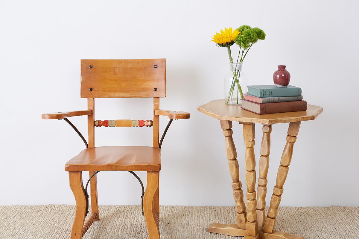 Early pair of Rancho Monterey drink tables or side tables by Frank Mason for Mason Furniture. California Mission style made of alder from Oregon having an octagonal top. Supported by four turned legs that conjoin on a footed base. Stamped and signed