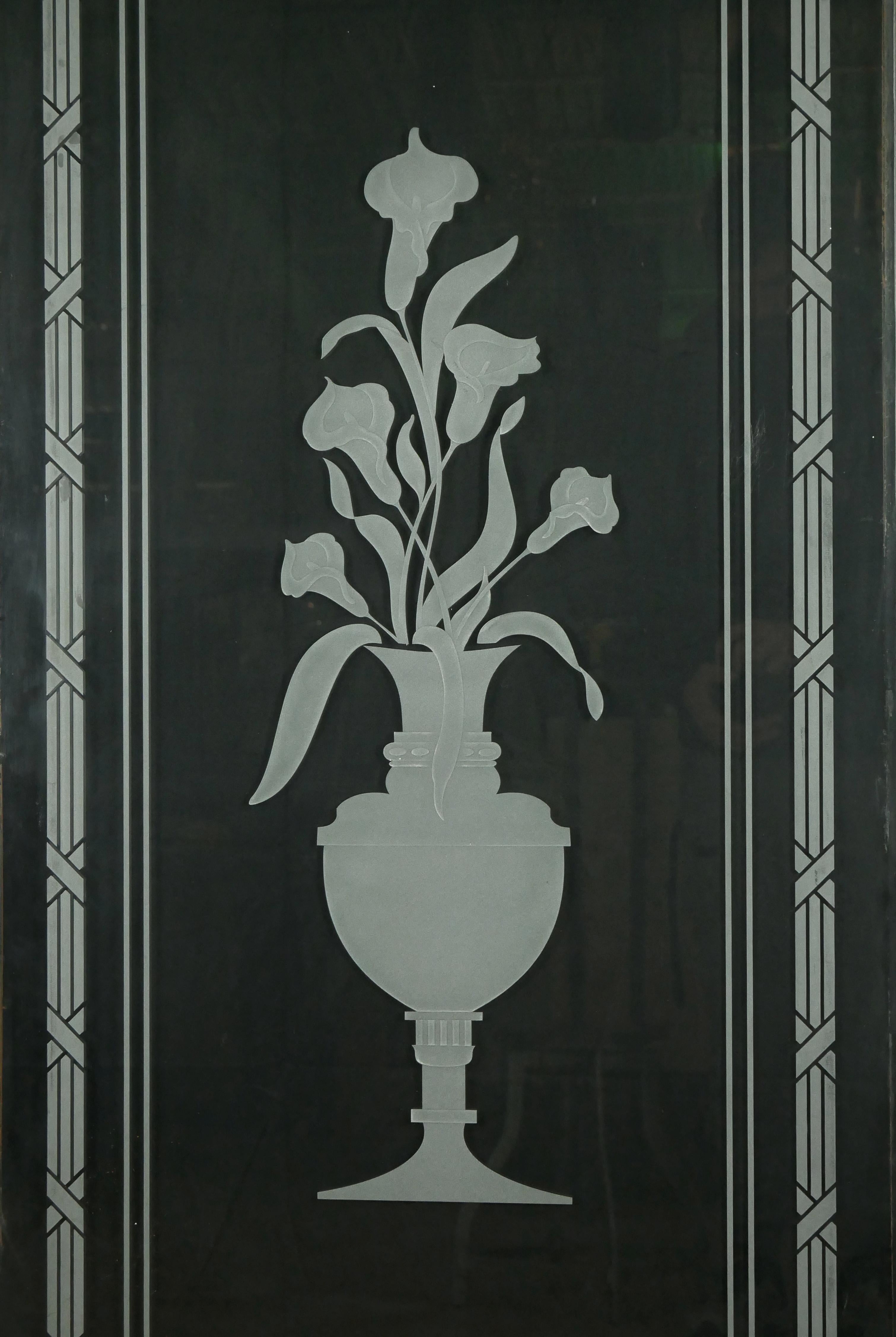 American Pair of Calla Lily Urn Etched Clear Glass Window Panels For Sale