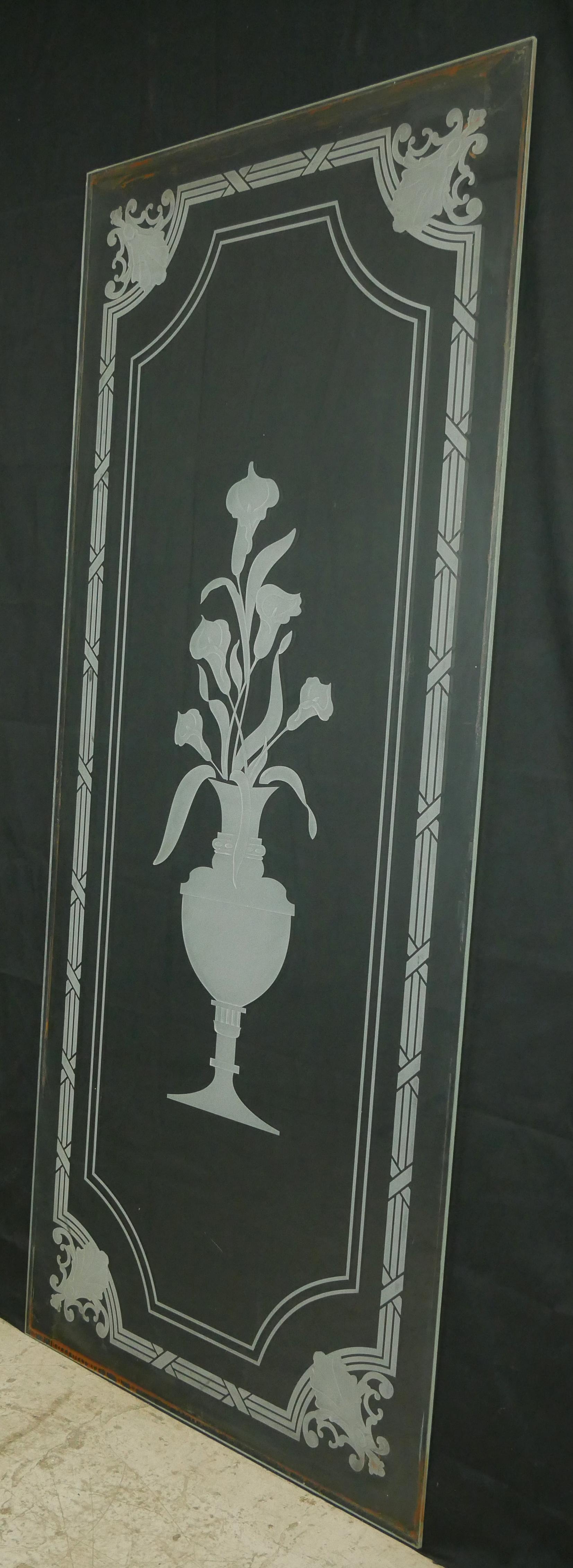 20th Century Pair of Calla Lily Urn Etched Clear Glass Window Panels For Sale