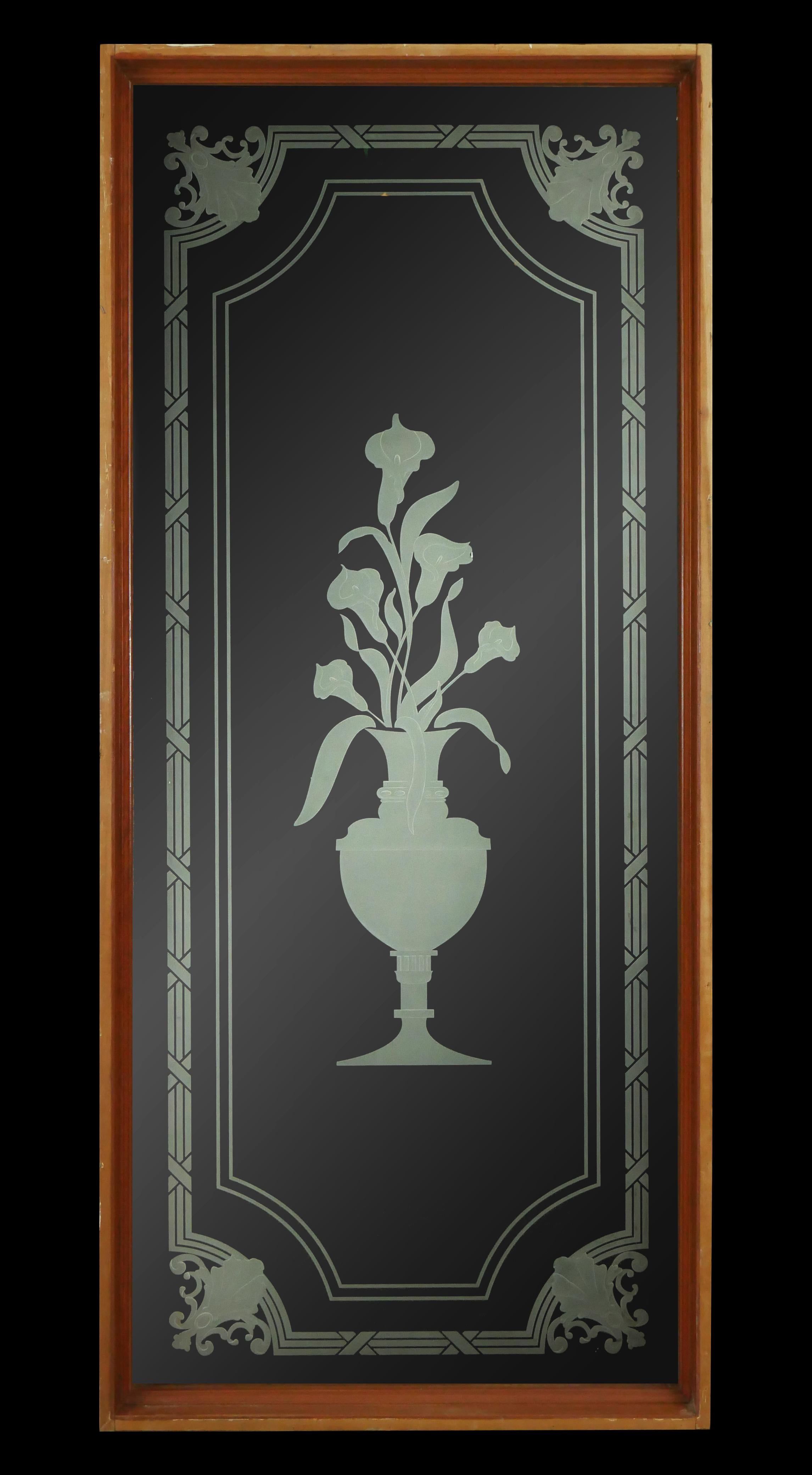 Pair of Calla Lily Urn Etched Clear Glass Window Panels For Sale 2